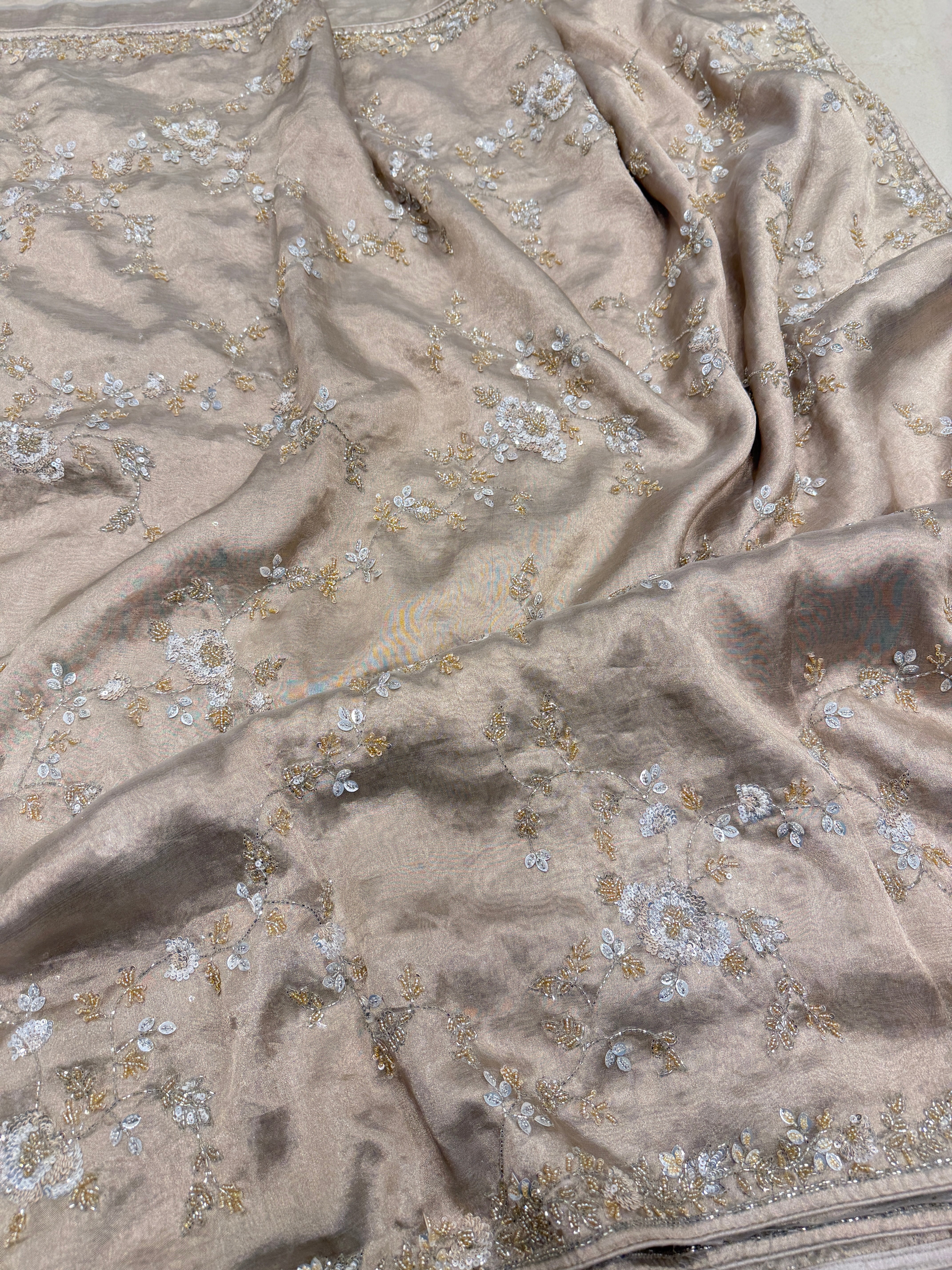 Rosegold Silver Pure Tissue Silk Sequin Moti Hand Embroidery Saree