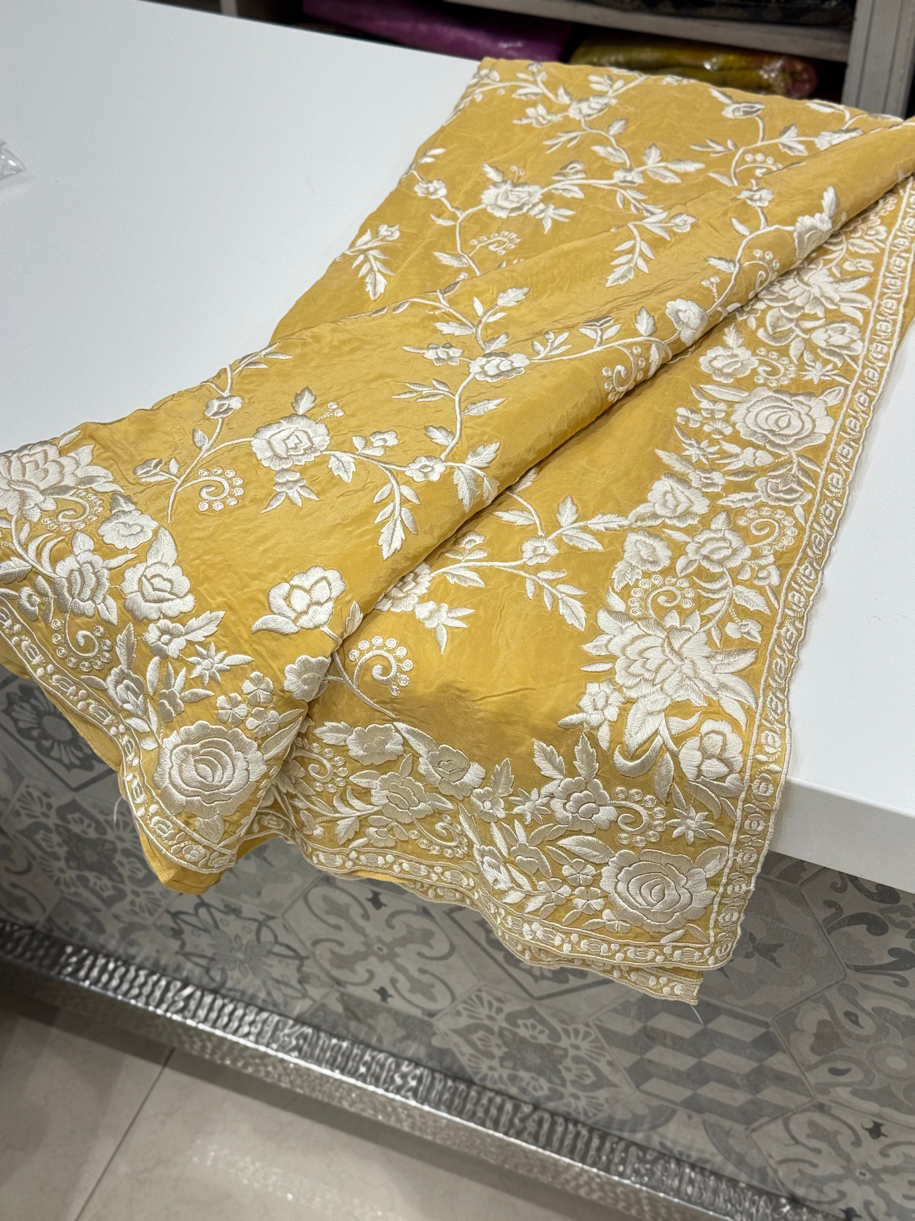 Yellow Crepe Floral Parsi Gara Saree