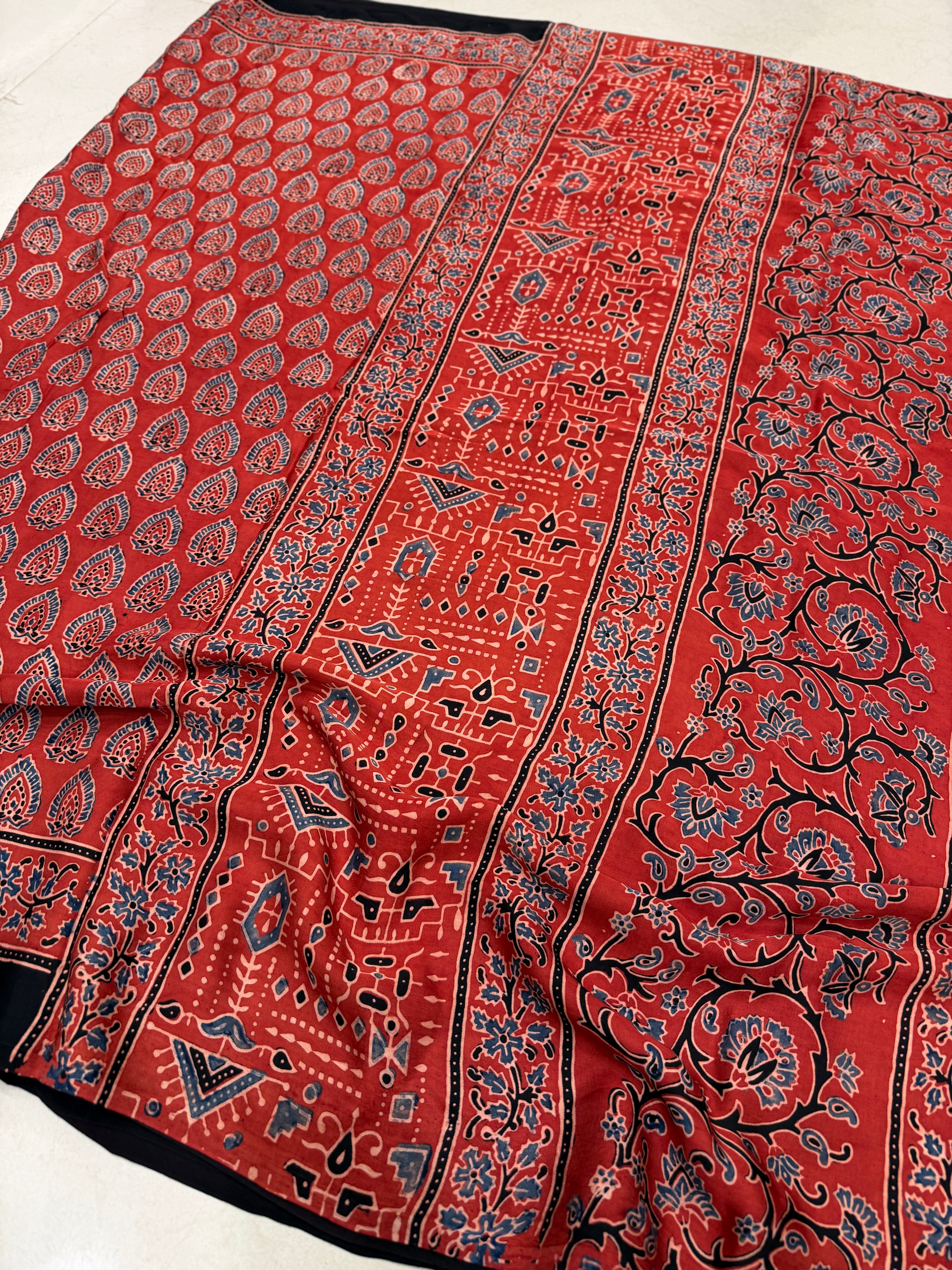 Red Sword Butti Ajrakh Hand Block Print Pure Modal Silk Saree