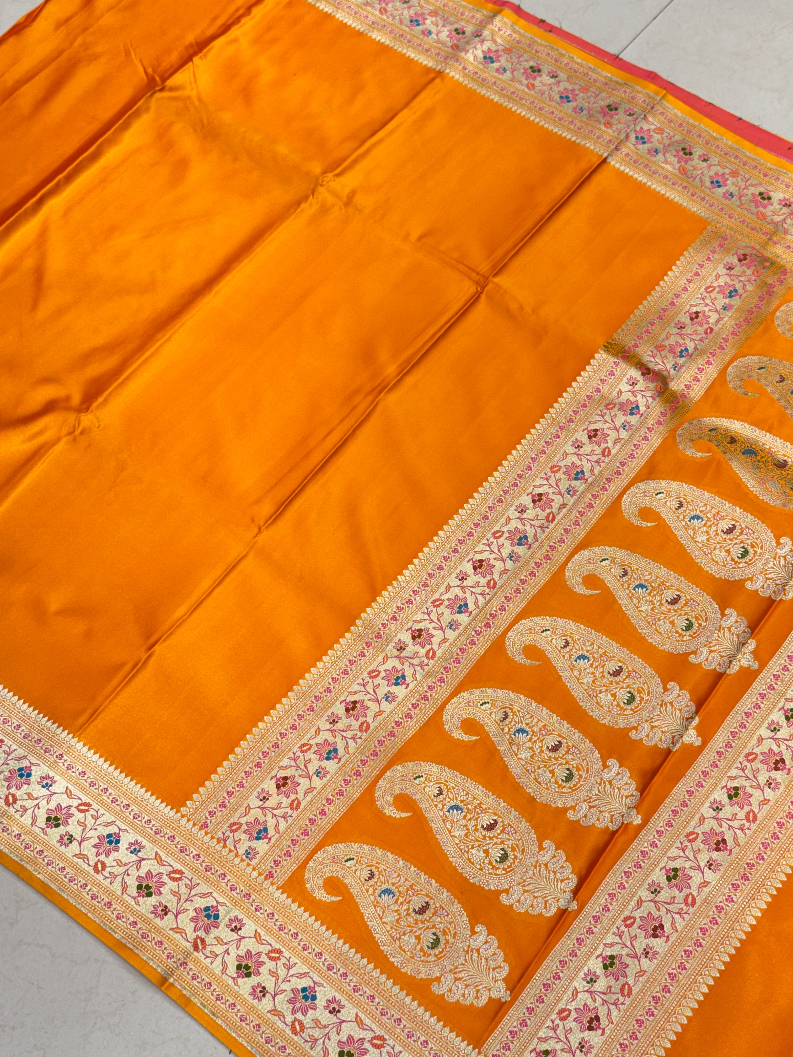 Mango Yellow Banarasi Plain Body Meena Pallu Border Saree