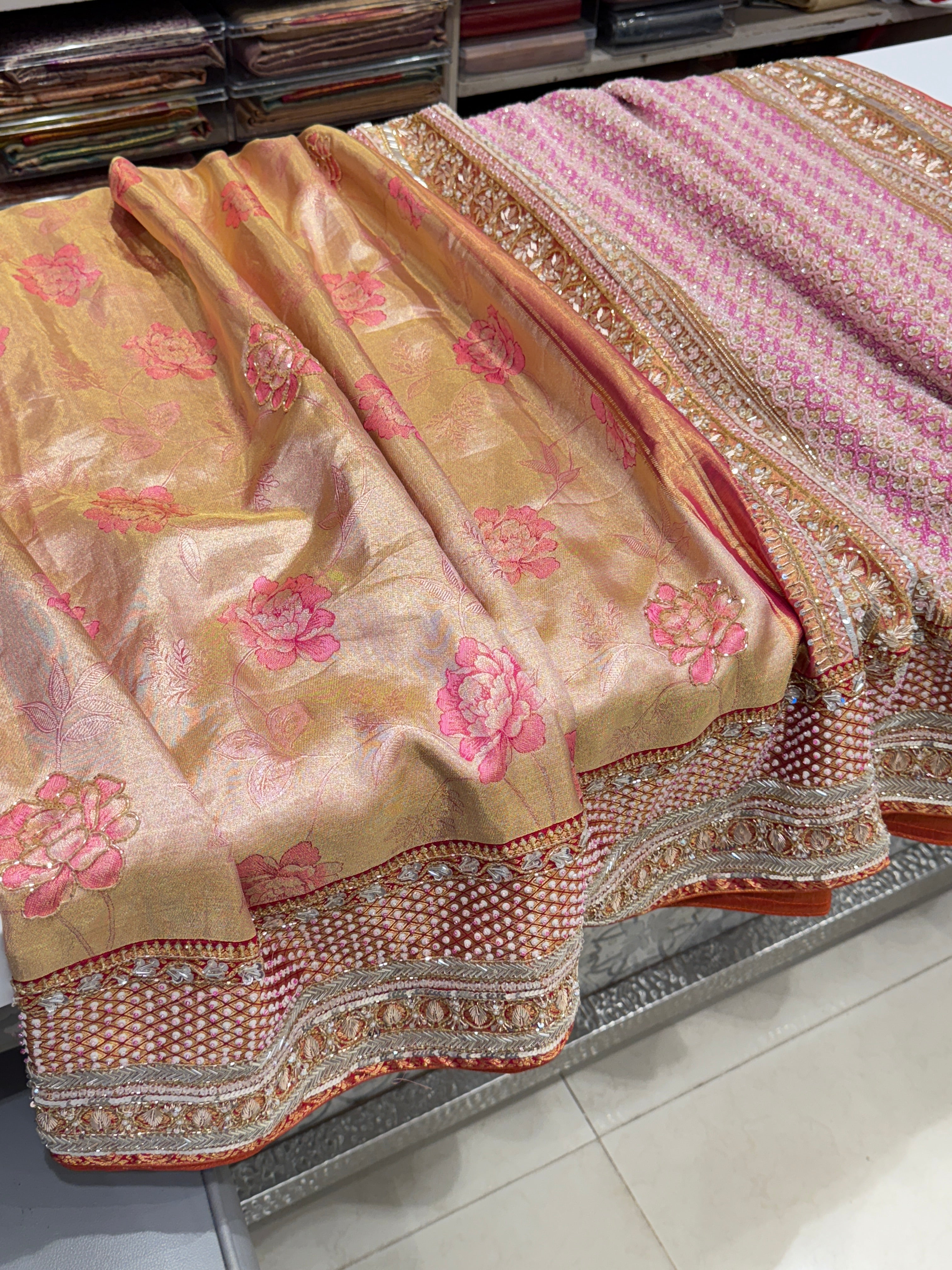Rani Pink Rose Edit Tissue Kanjivaram Hand Embroidery Saree