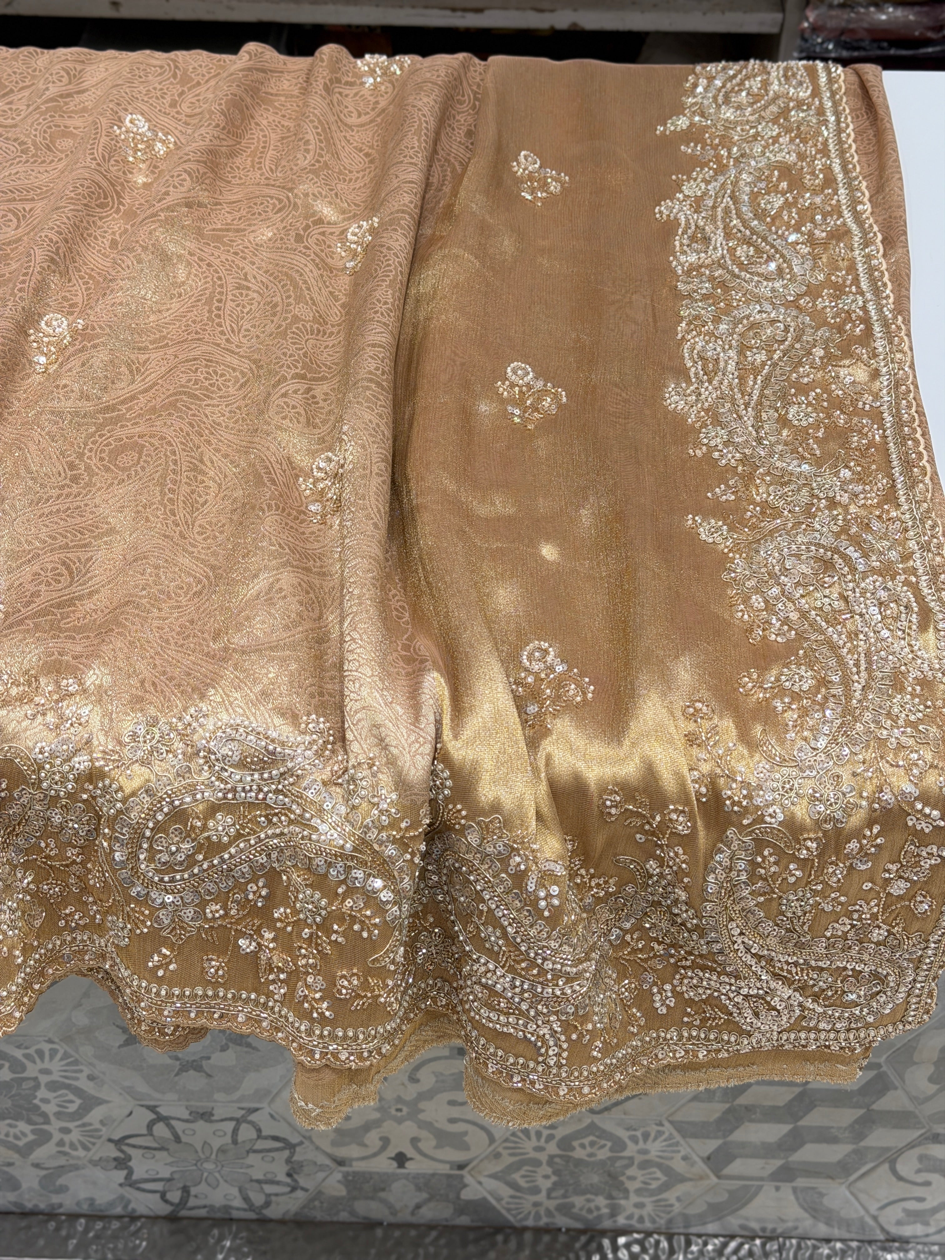 Nude Peach Floral Weave Soft Silk Moti Crystal Embroidery Saree