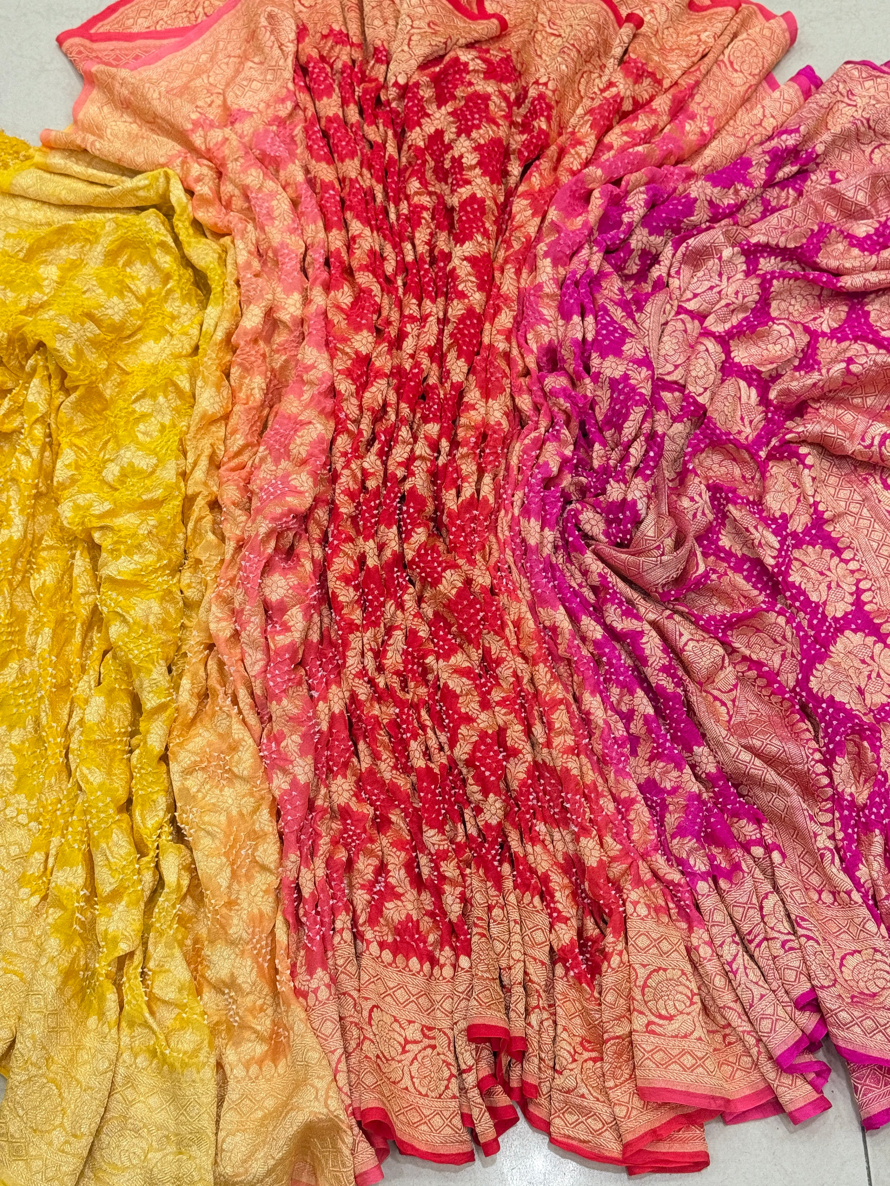 Shaded Rani Six Colour Bandhej Bandhini Saree