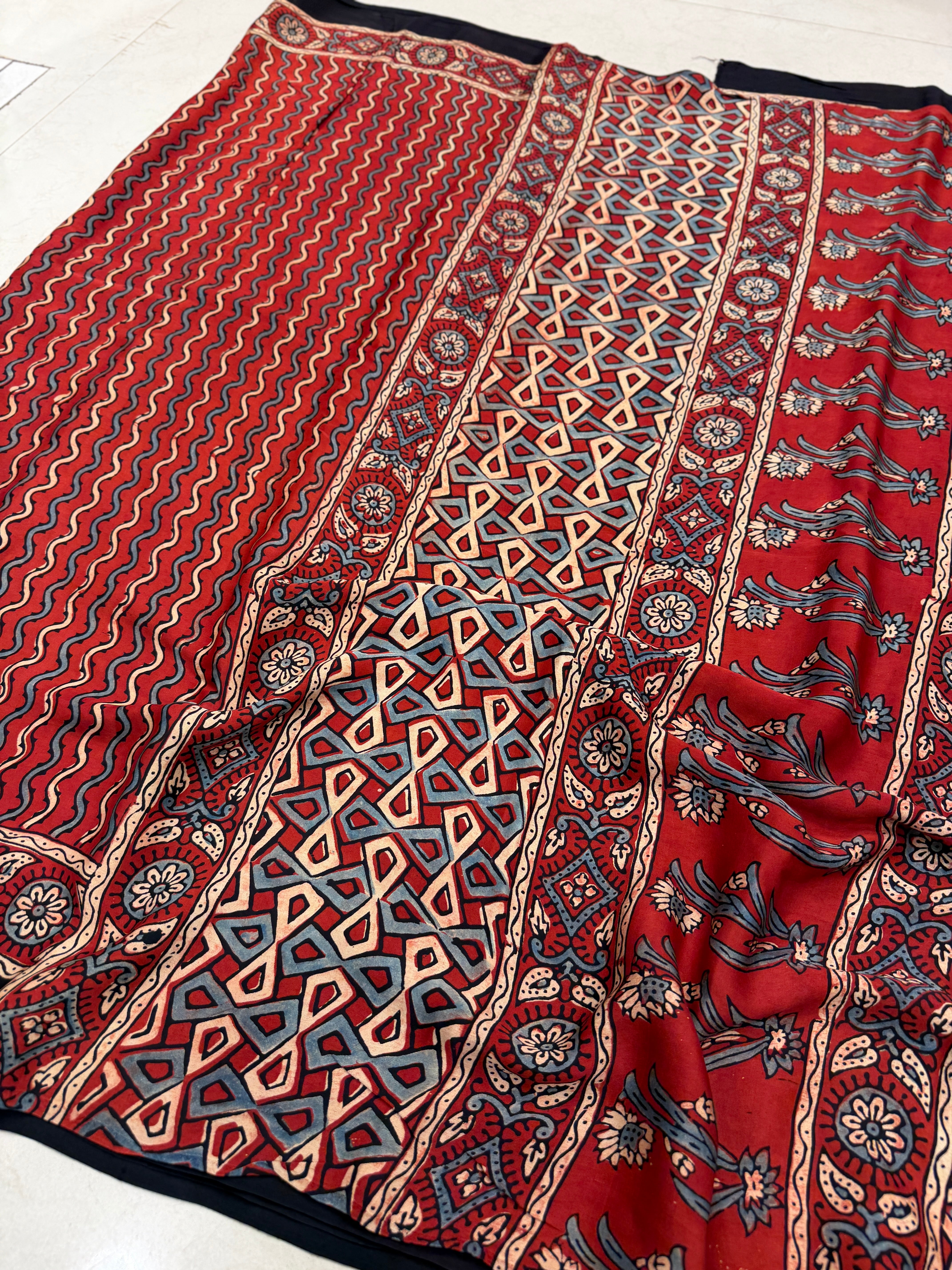 Red Squiggly Lines Ajrakh Hand Block Print Pure Modal Silk Saree