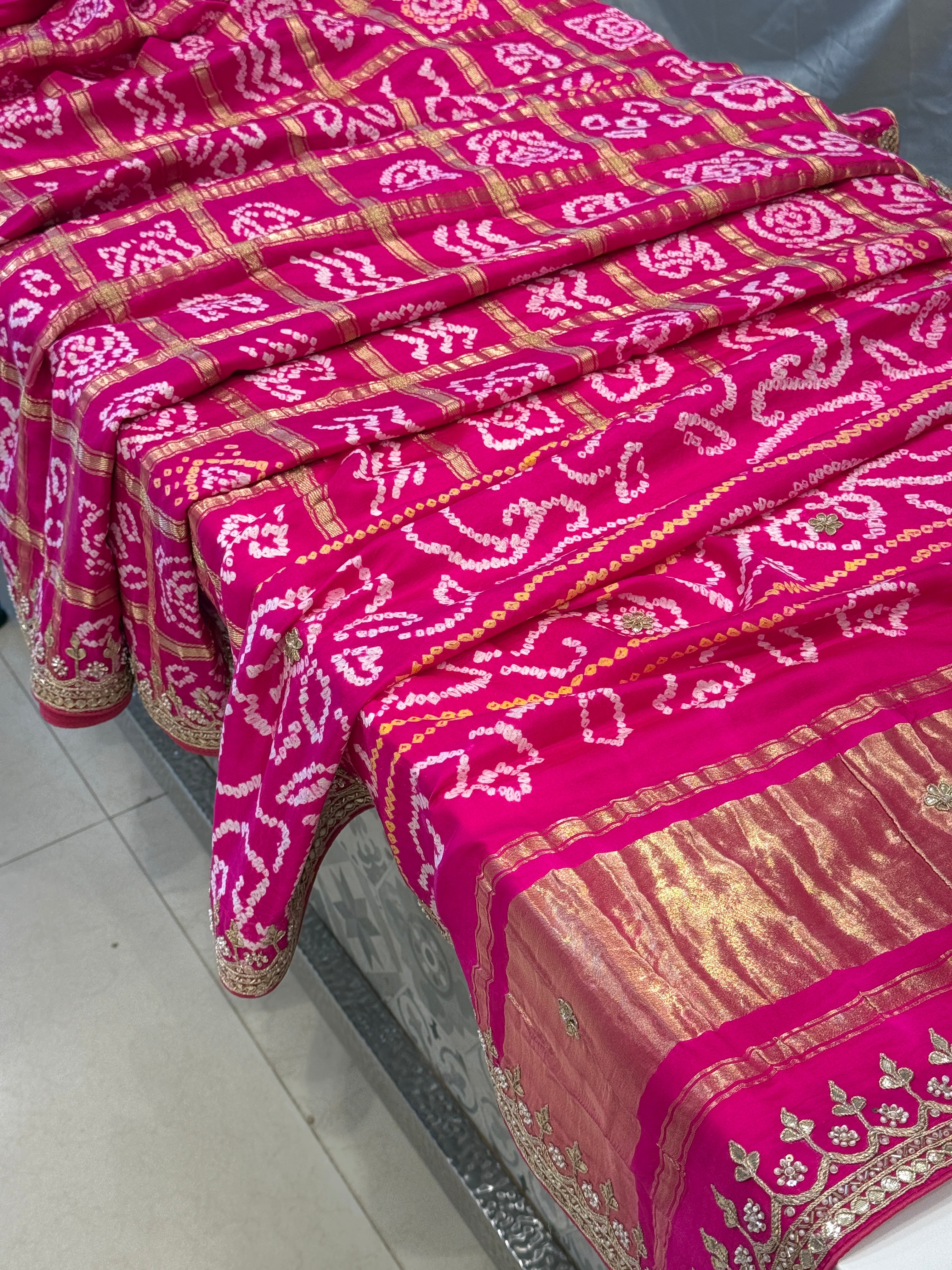 Rani Pink Bandhej Gharchola Gajji Silk Hand Done Gotapatti Saree