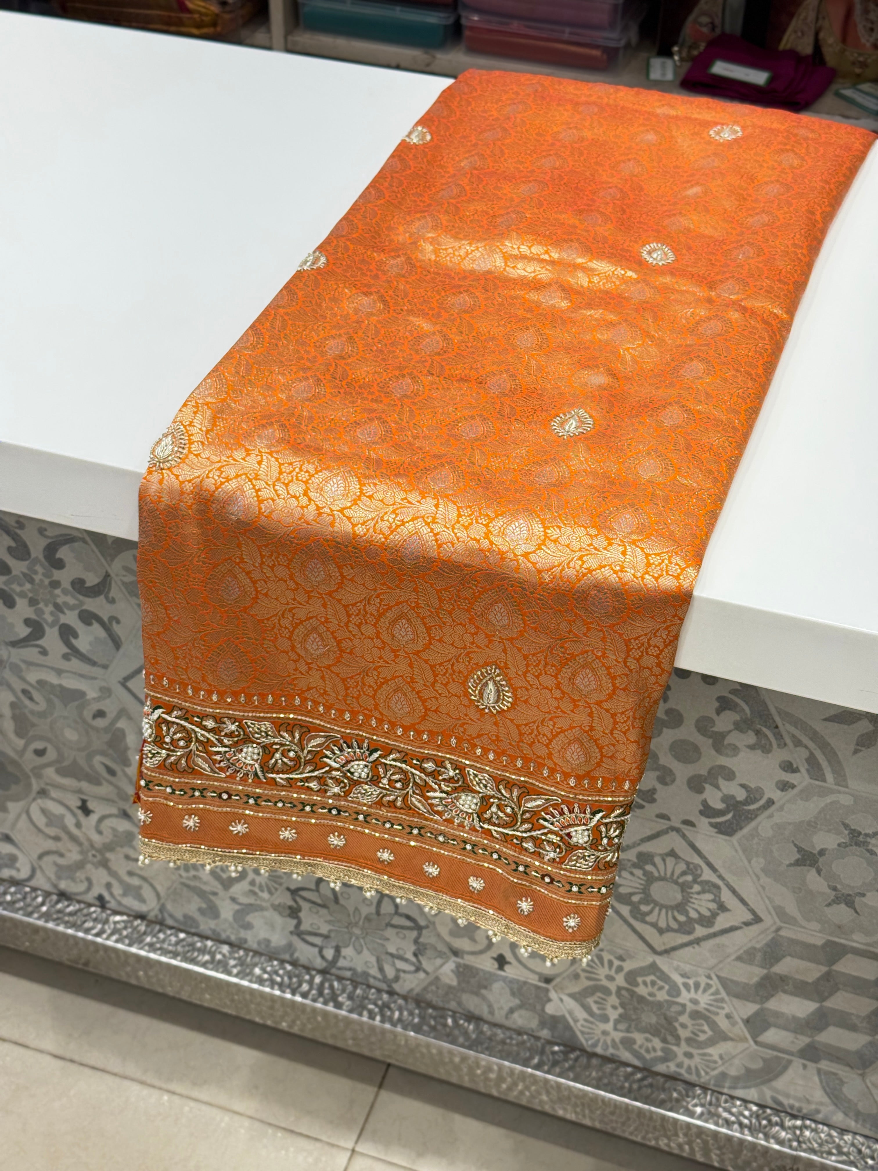 Orange Meenakari Banarasi Zardosi Hand Embroidery Saree