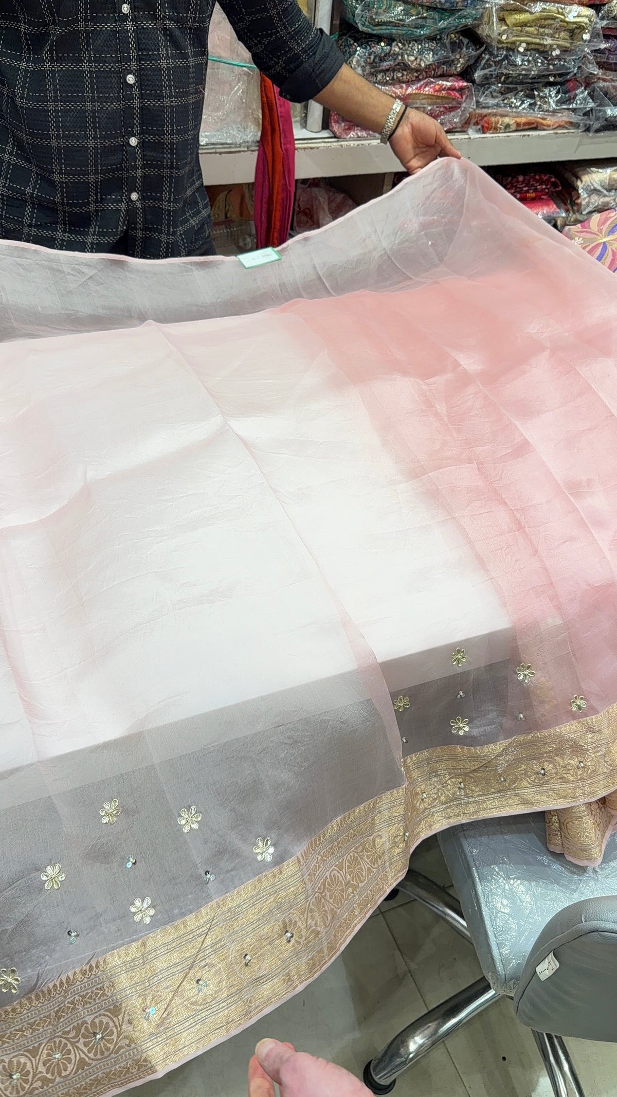 Pink Banarasi Kora Hand Embroidery Gotapatti Butta Saree