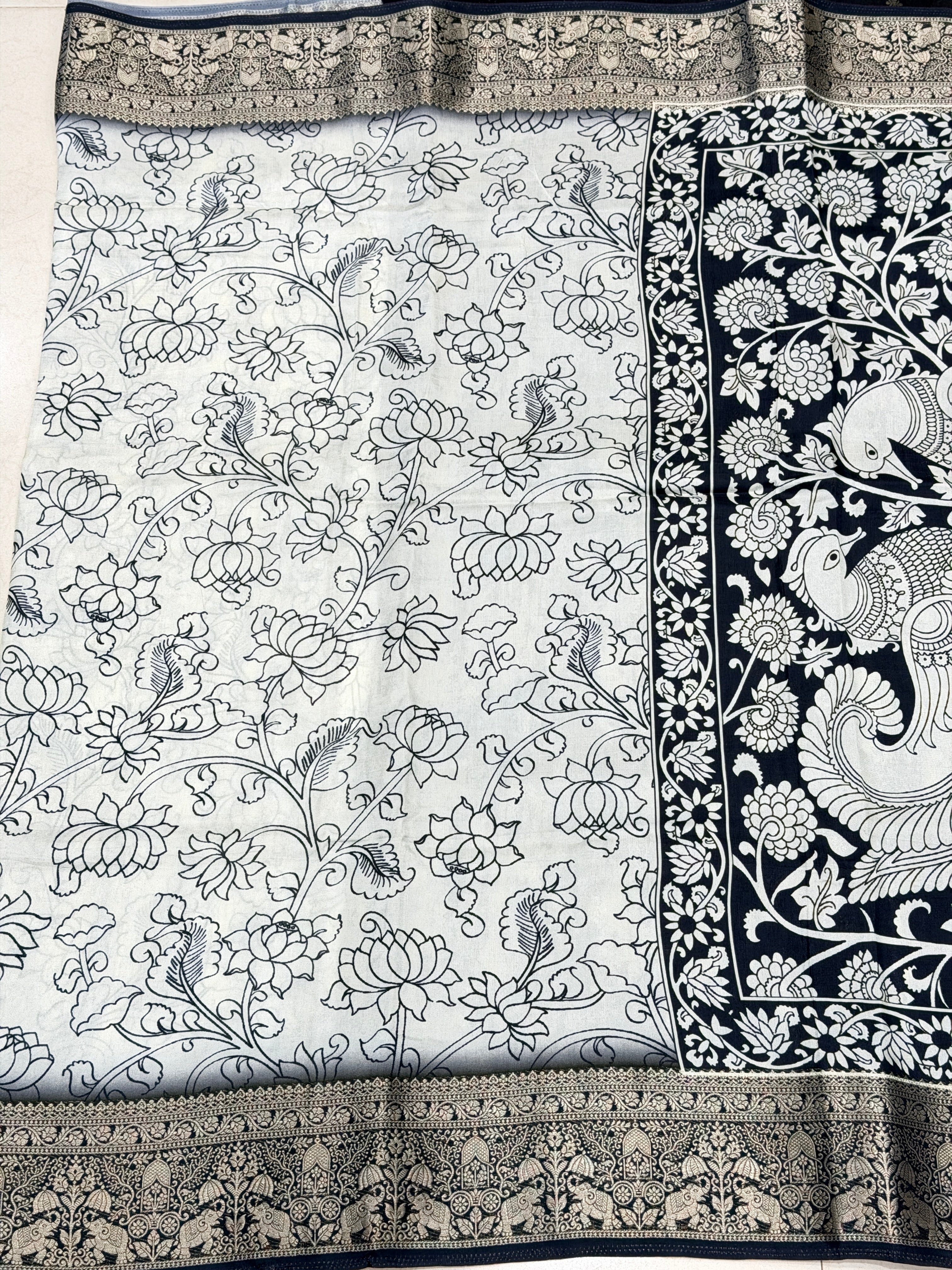 White and Black Printed Kalamkari Munga Silk Saree