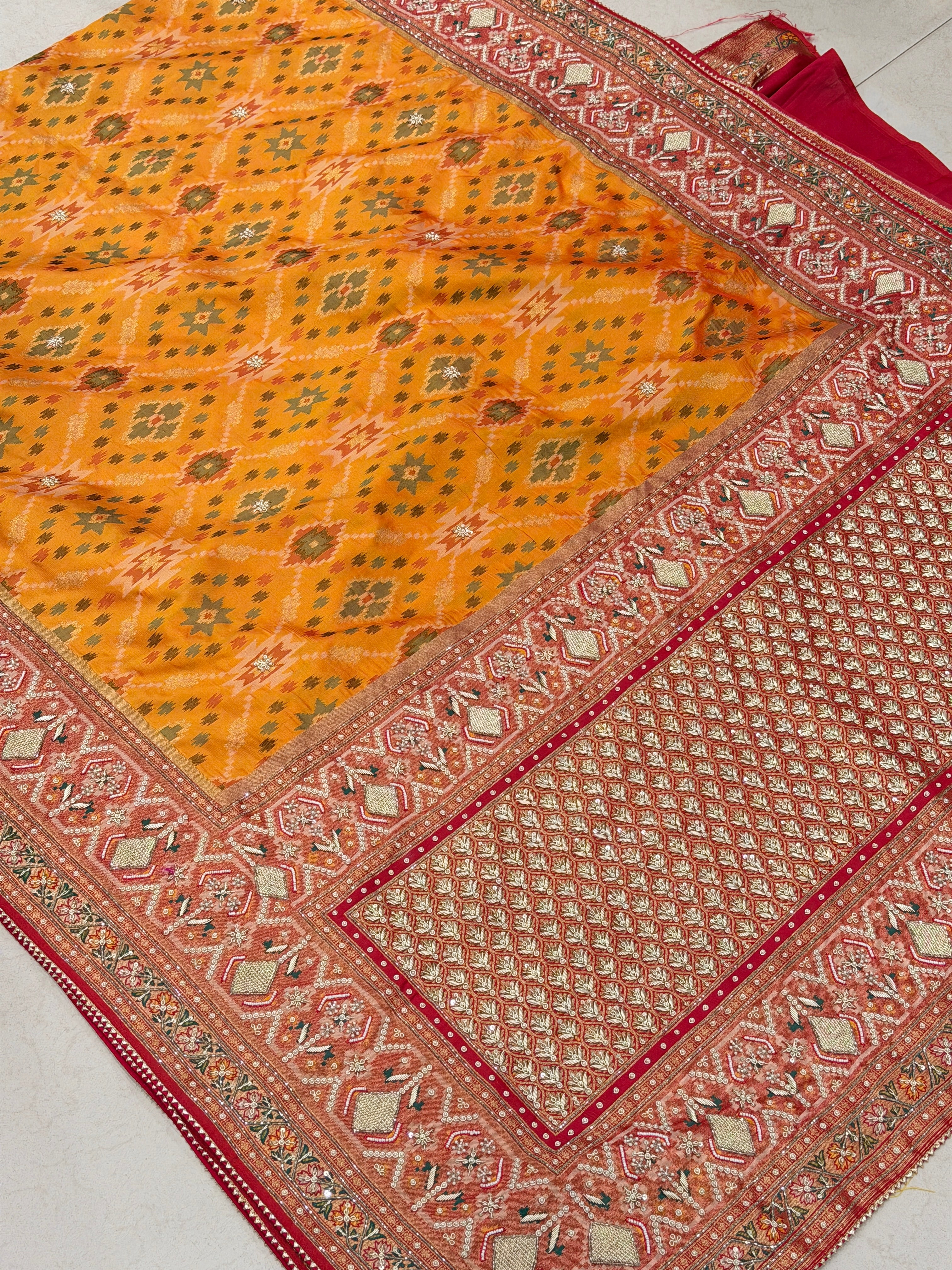 Rust Orange Big Jaal Patola Zardosi Hand Embroidery Saree