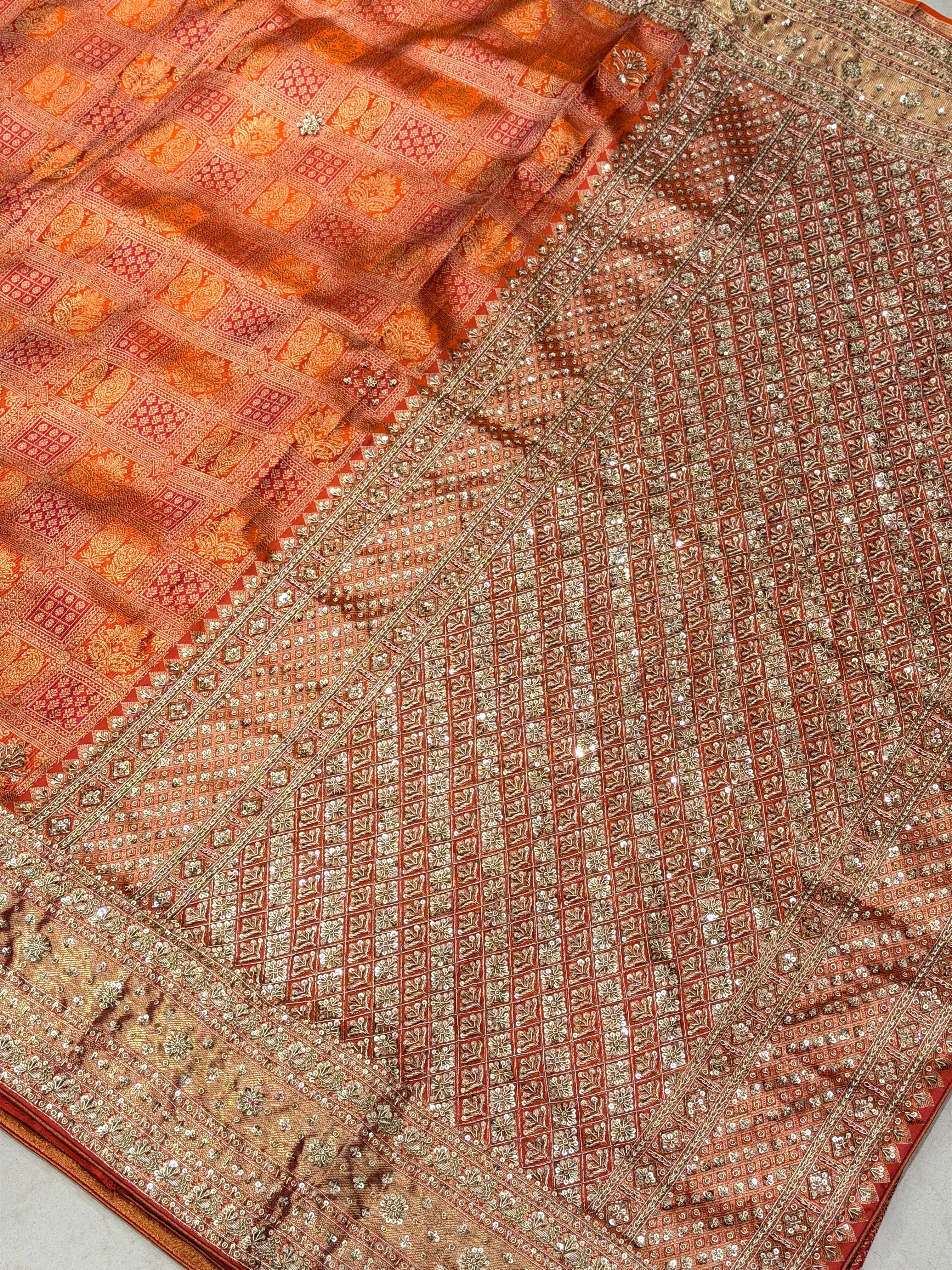Orange Kanjivaram Zardosi Hand Embroidery Saree