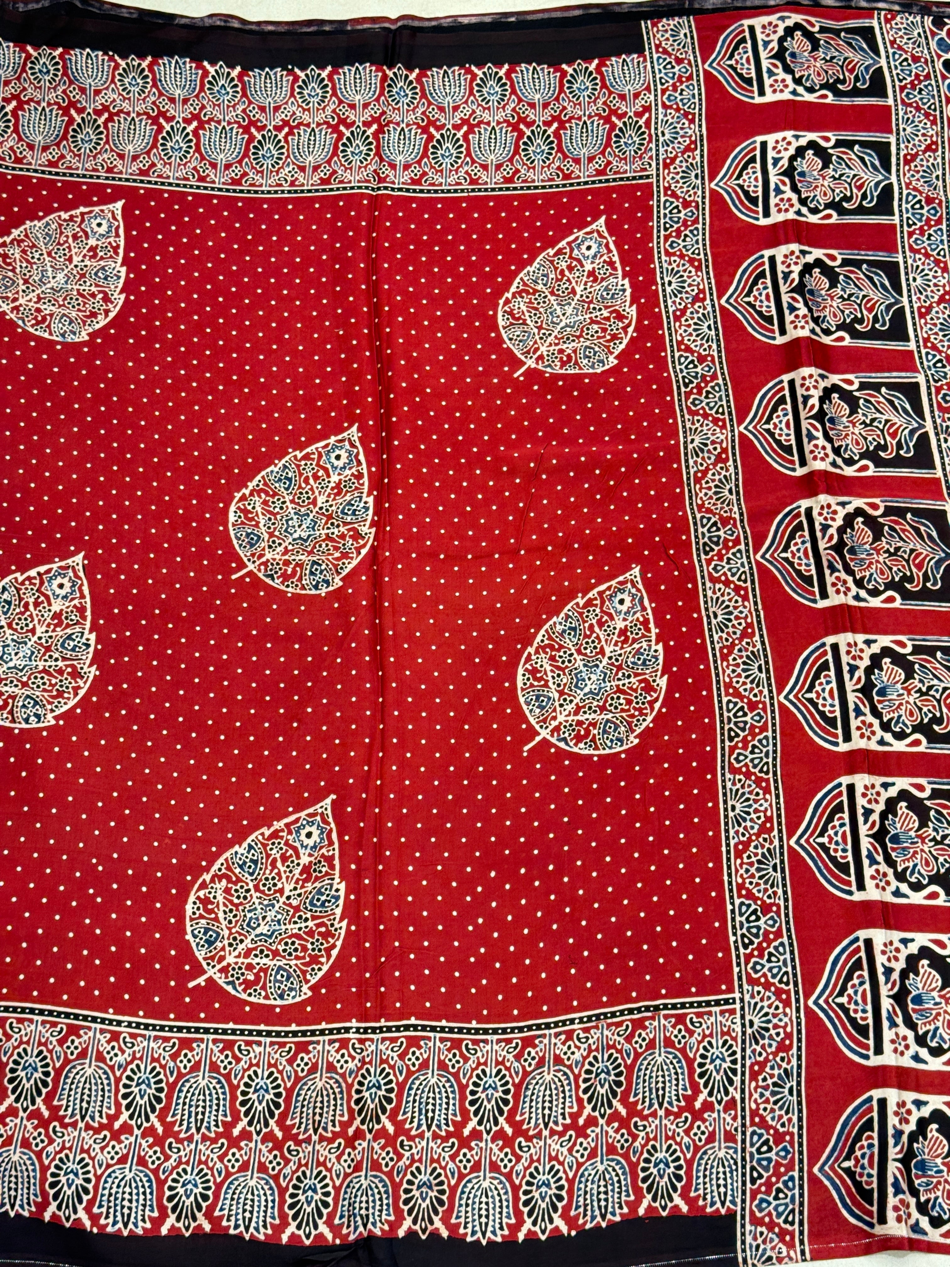 Red Butti Leaf Modal Gajji Silk Handblock Print Ajrakh Saree