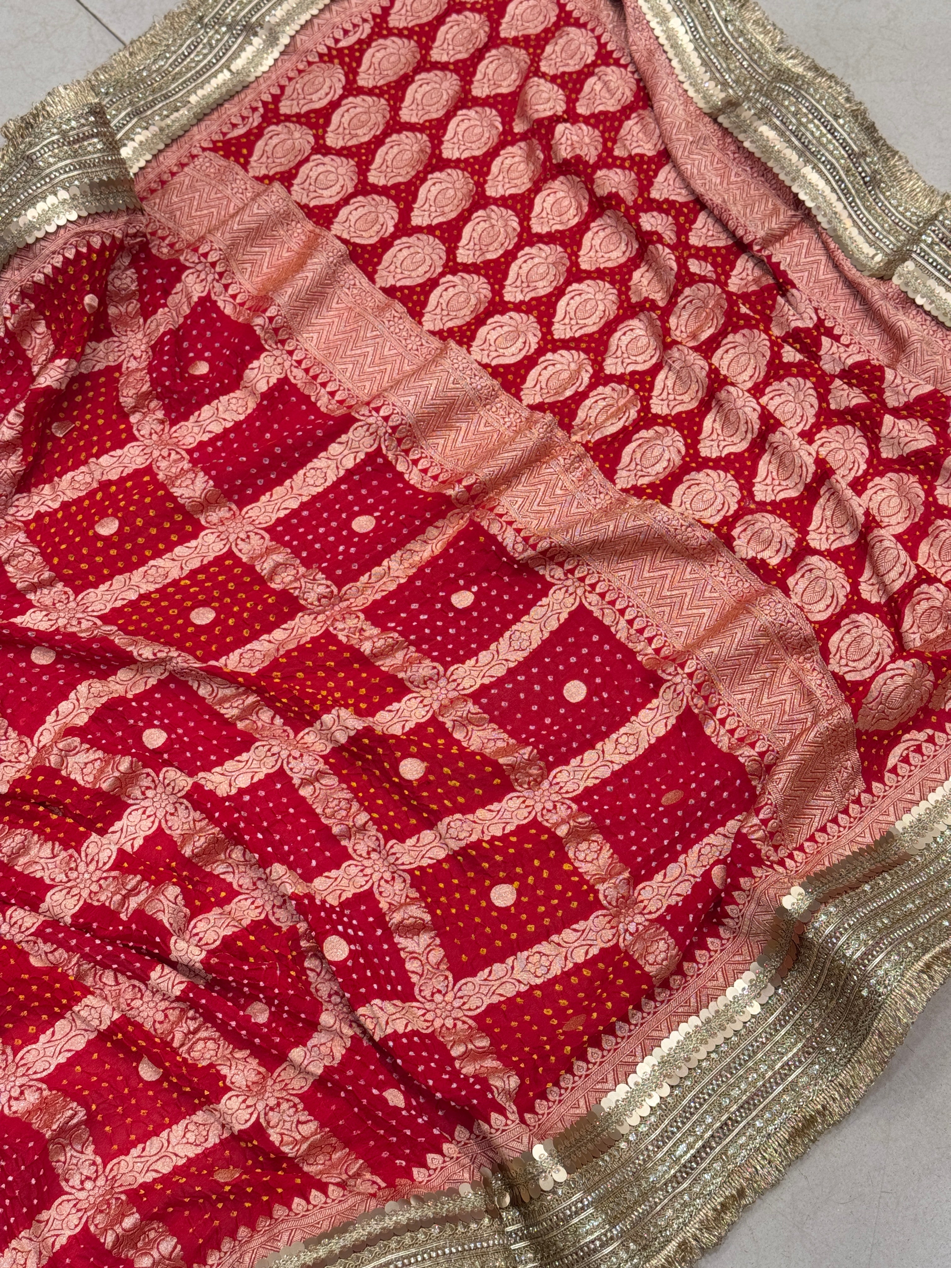 Red Bandhej Maharani Style Saree