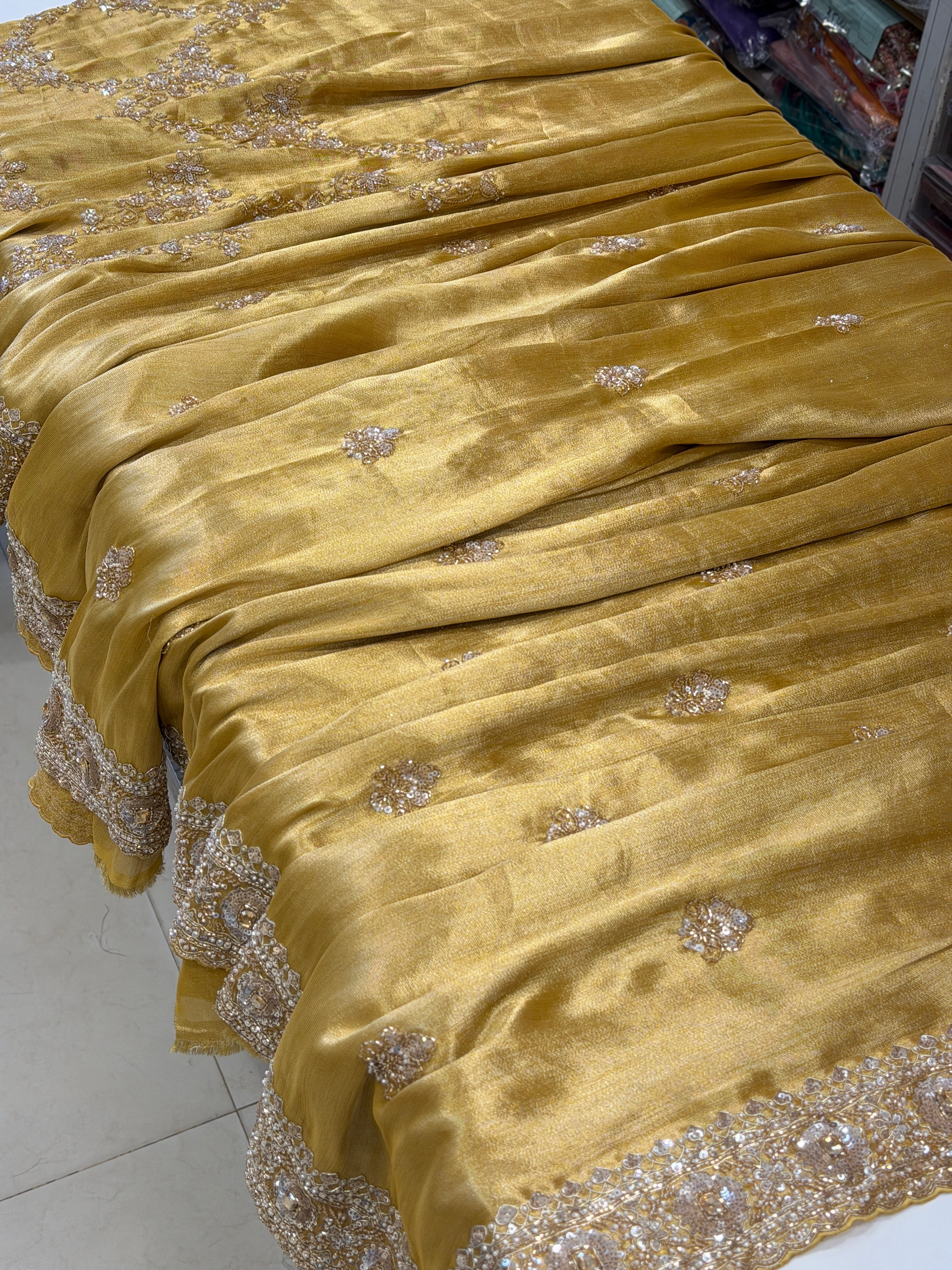 Yellow Tissue Half and Half Embroidery Cutdana Moti Jaal Saree