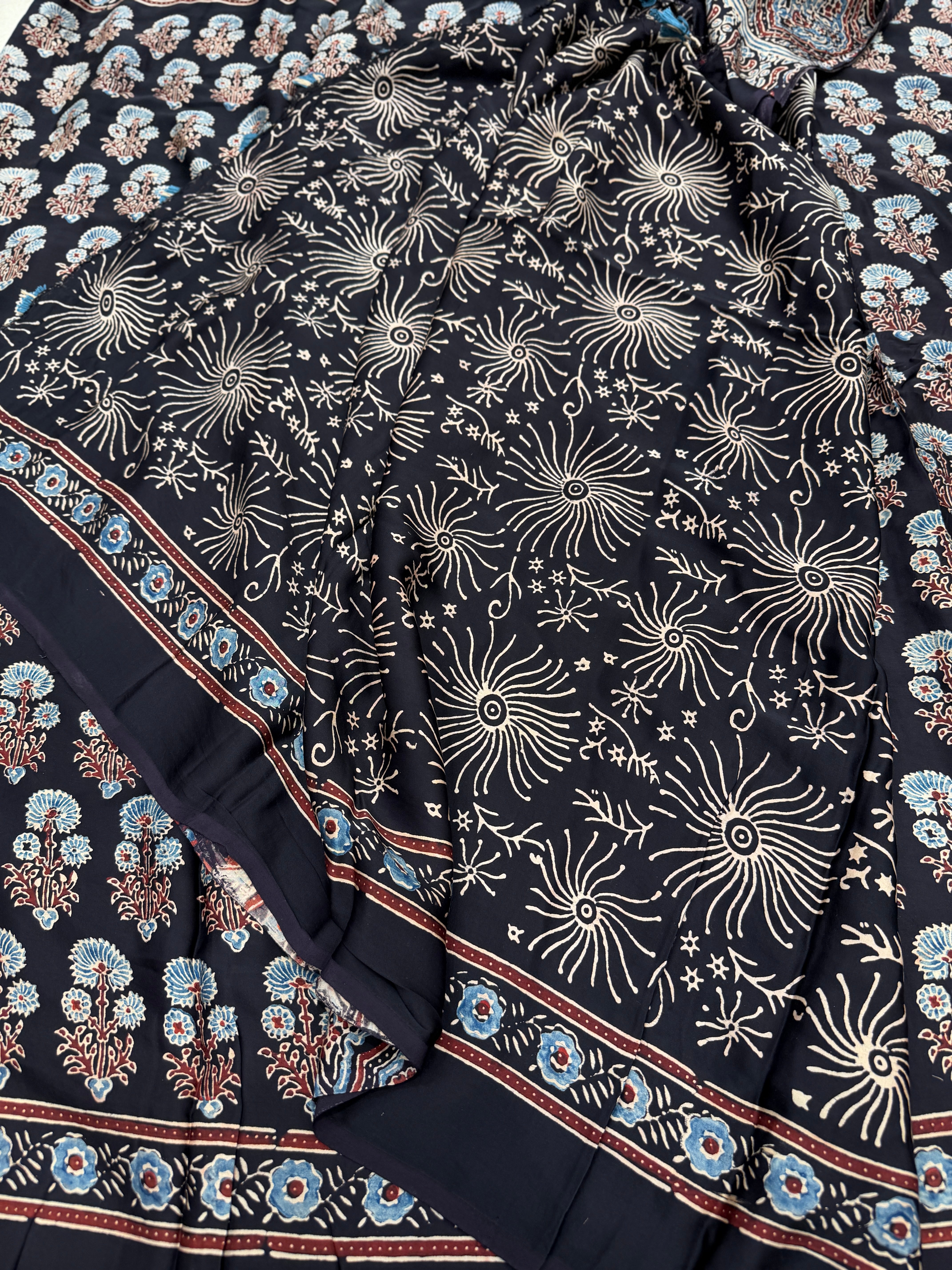 Black Butta Ajrakh Hand Block Print Pure Gajji Silk Saree