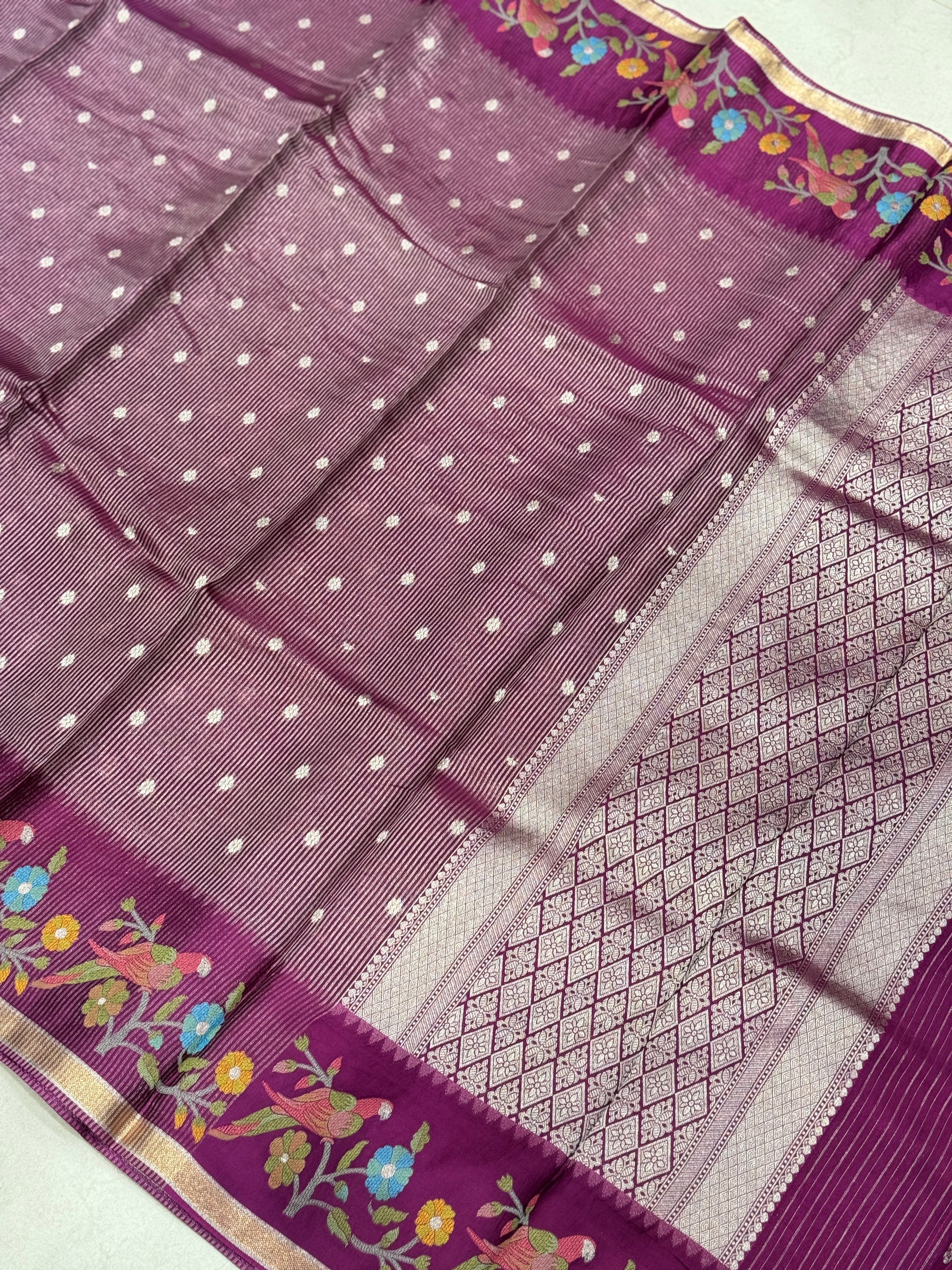 Wine Contemporary Tissue Parsi Petit Point Weaved Saree