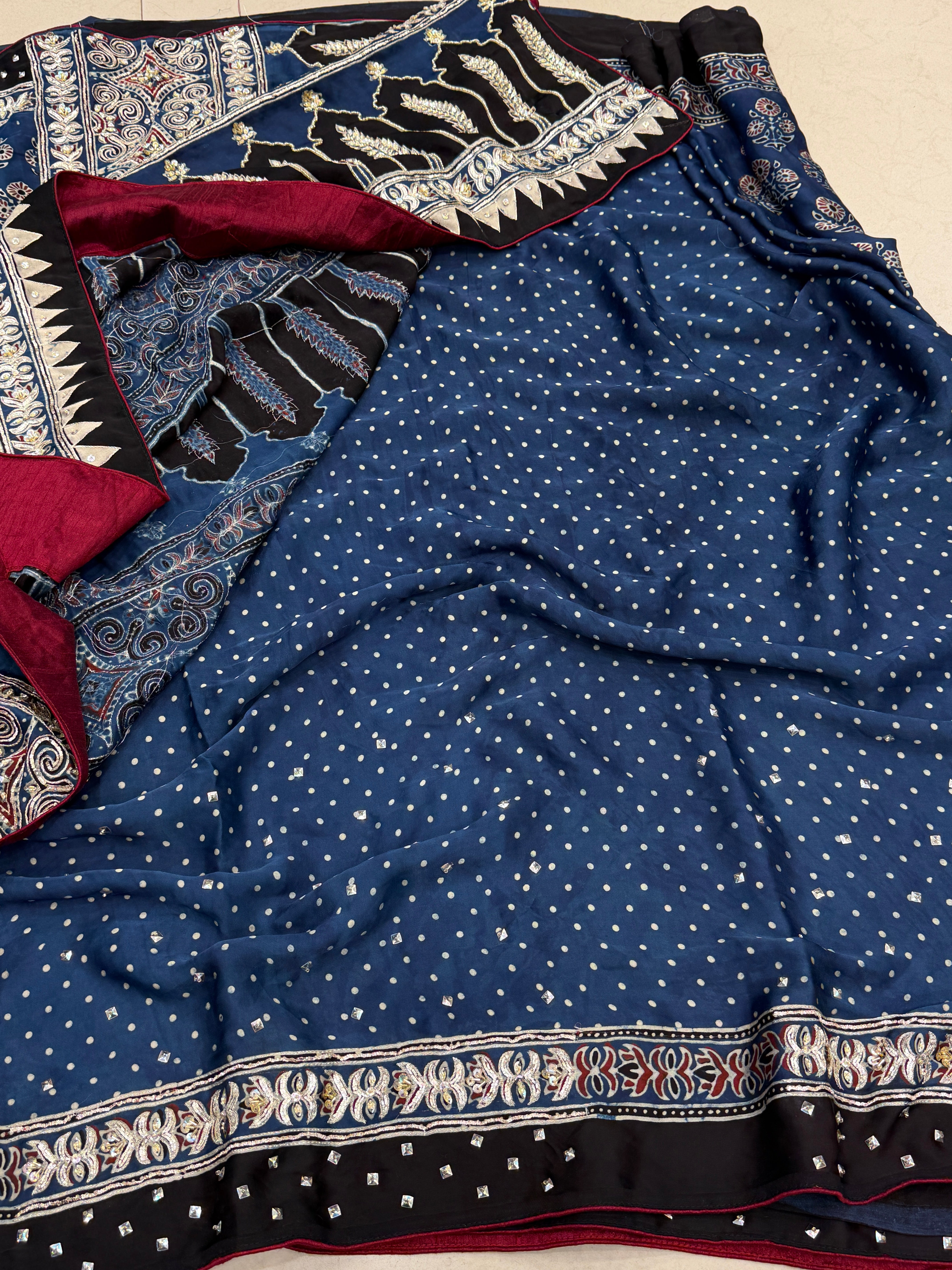 Blue Buttas Pita Zardosi Sequin Ajrakh Hand Embroidery Saree
