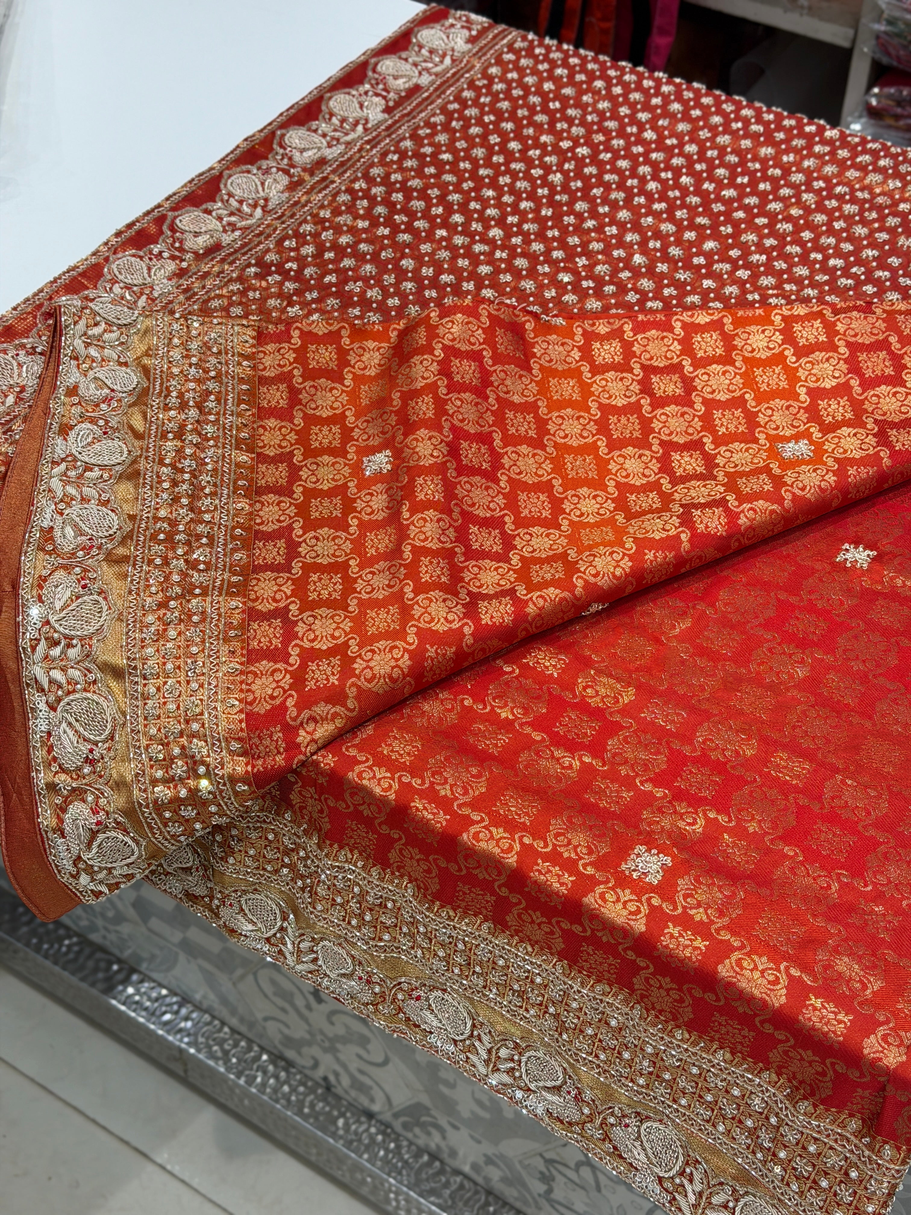 Rust Orange Kanjivaram Peacock Motif Hand Embroidery Zardosi Saree