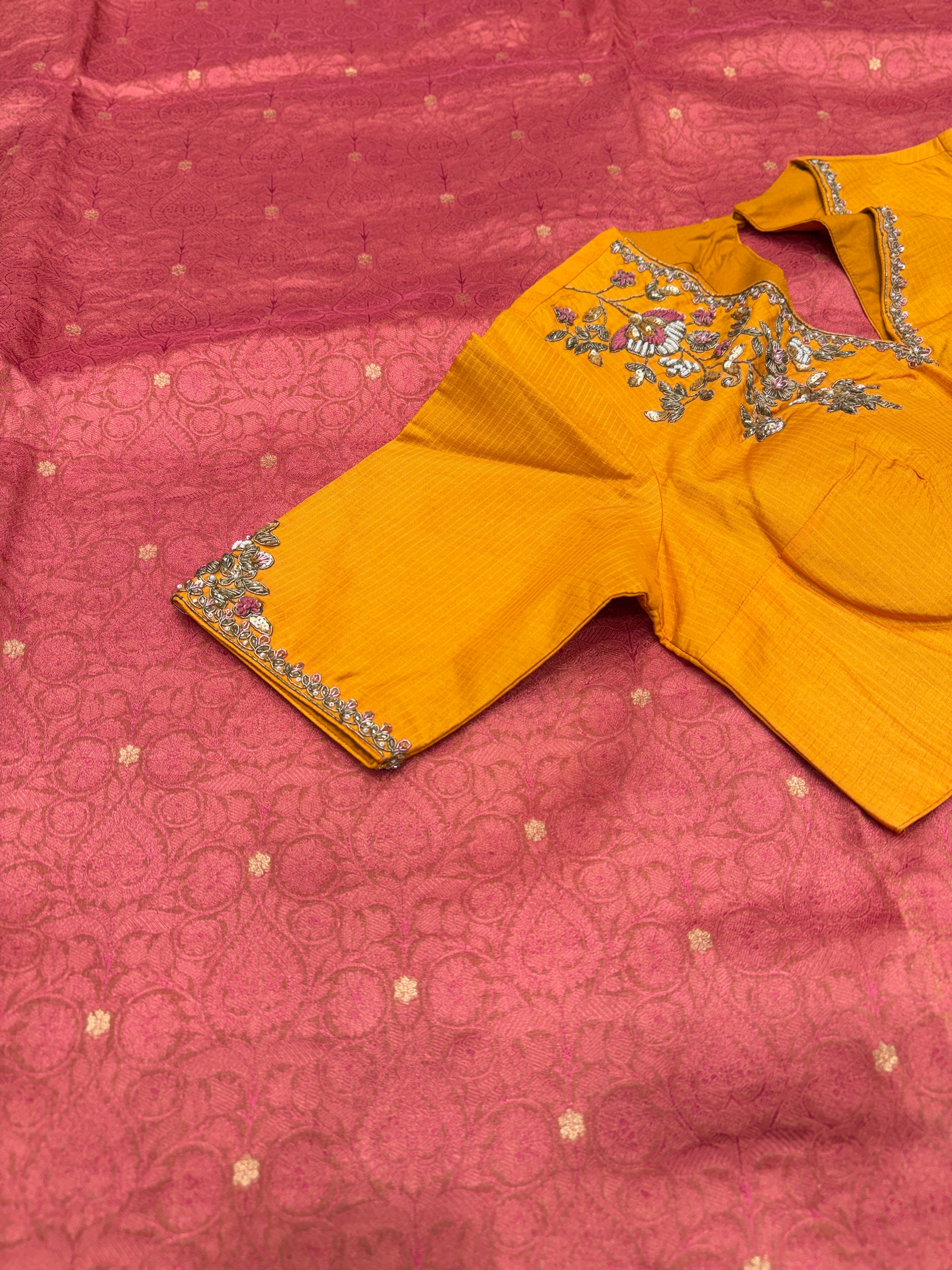 Pink Crepe Weaved Saree with contrast zardosi blouse saree
