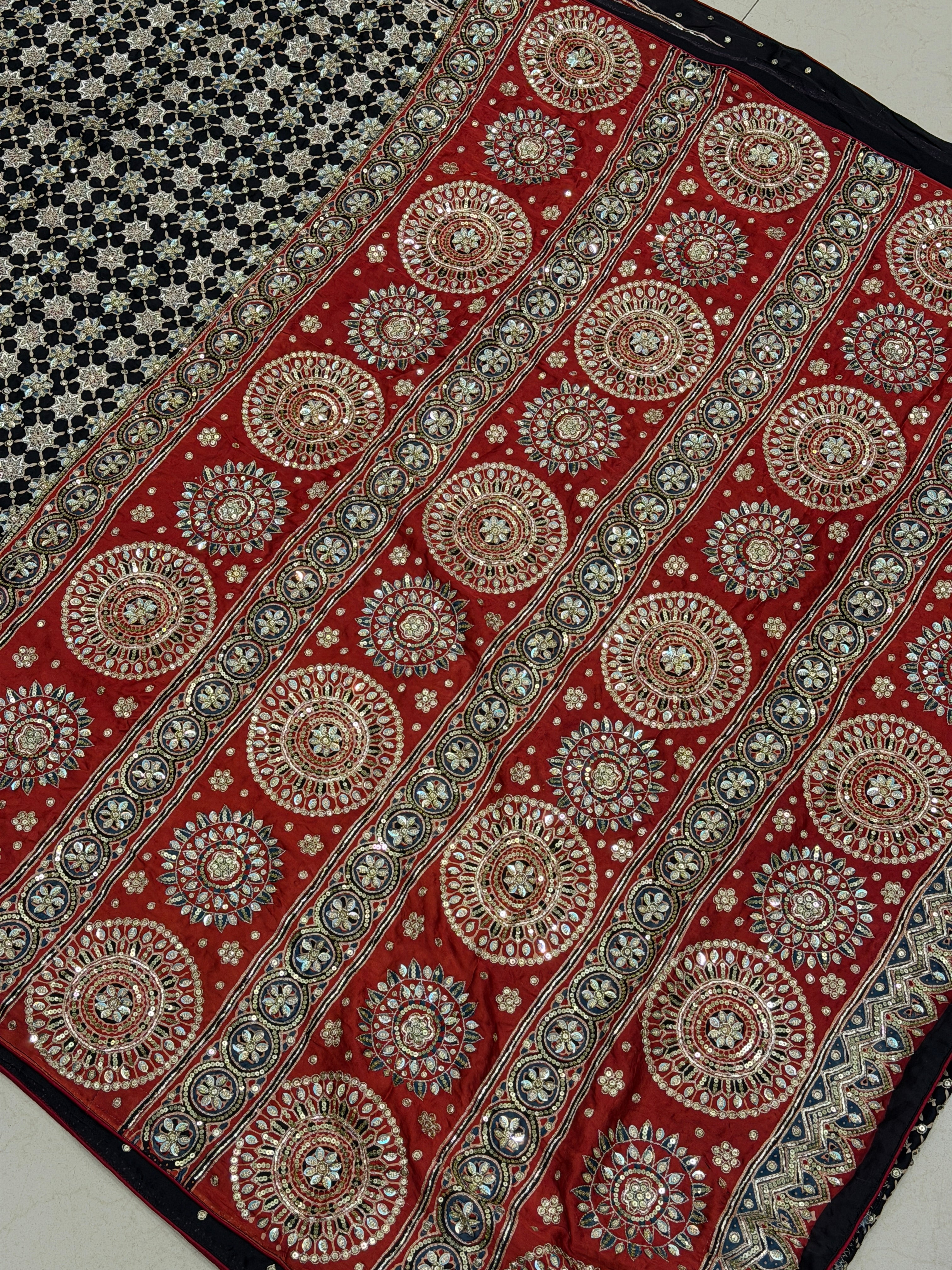 Red Black Jaal Pita Sequin Ajrakh Hand Embroidery Saree