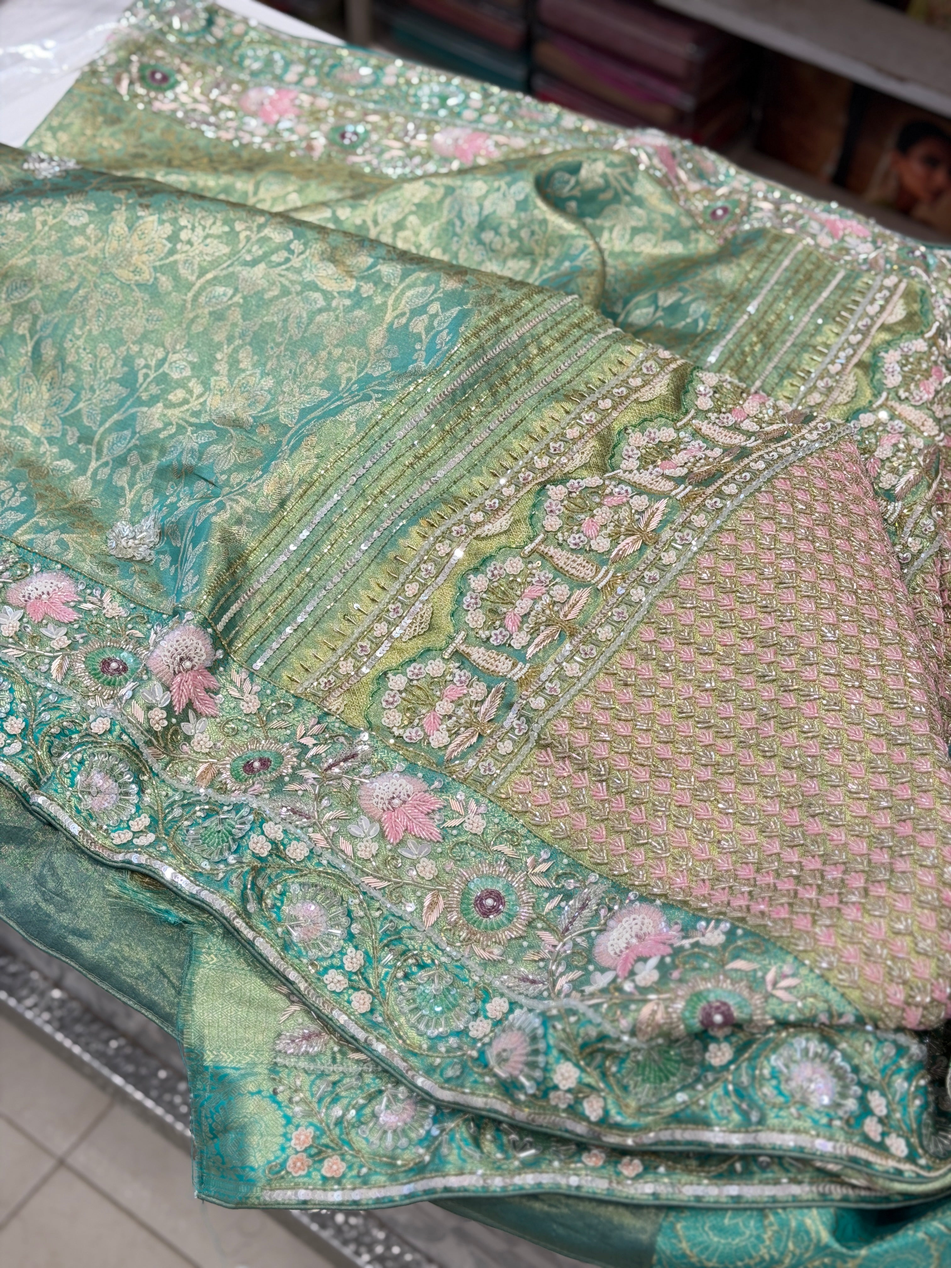 Green Floral Tissue Kanjivaram Hand Embroidery Saree