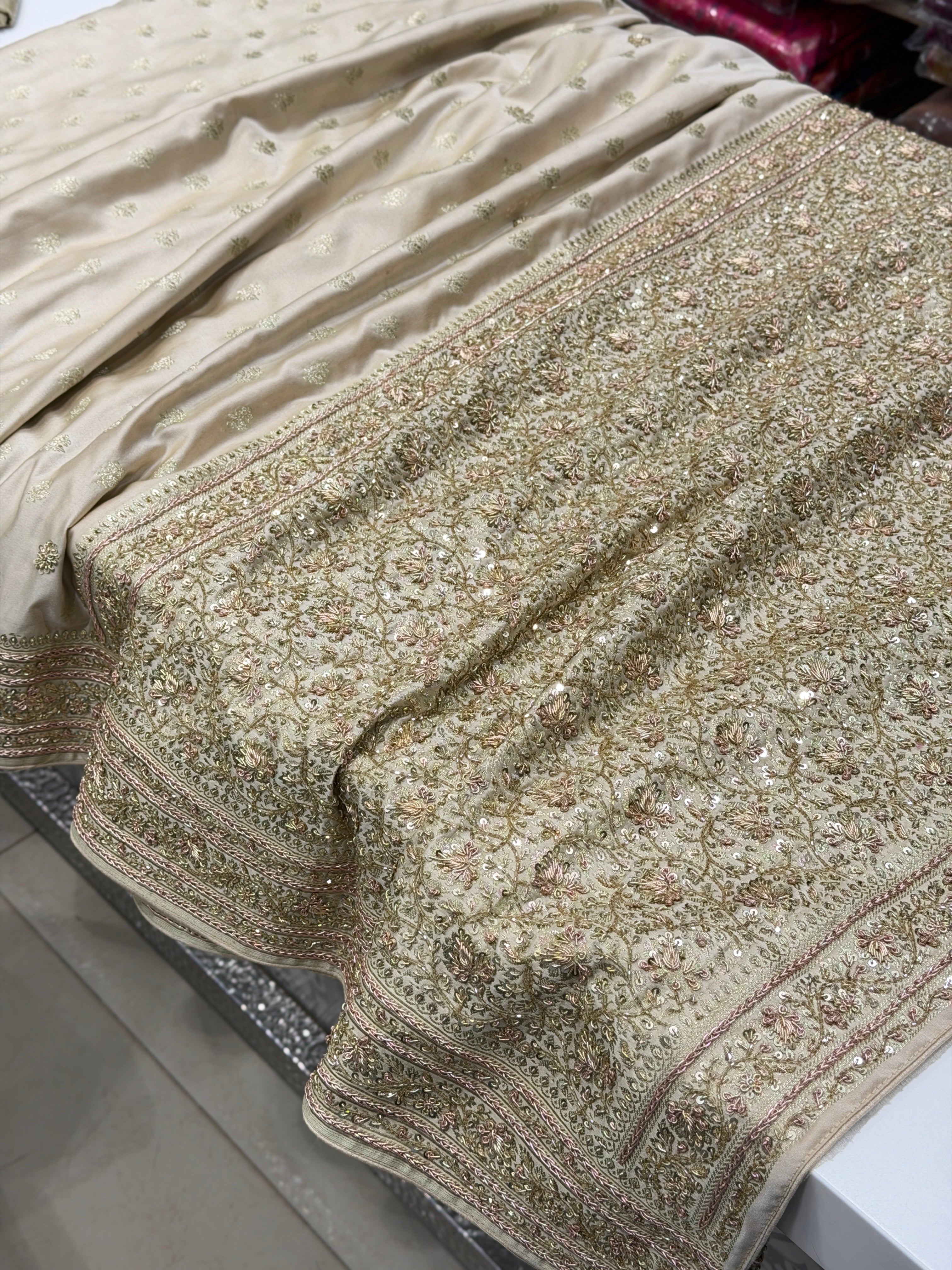 Beige Banarasi Buttis Zardosi Chain Hand Embroidery Saree