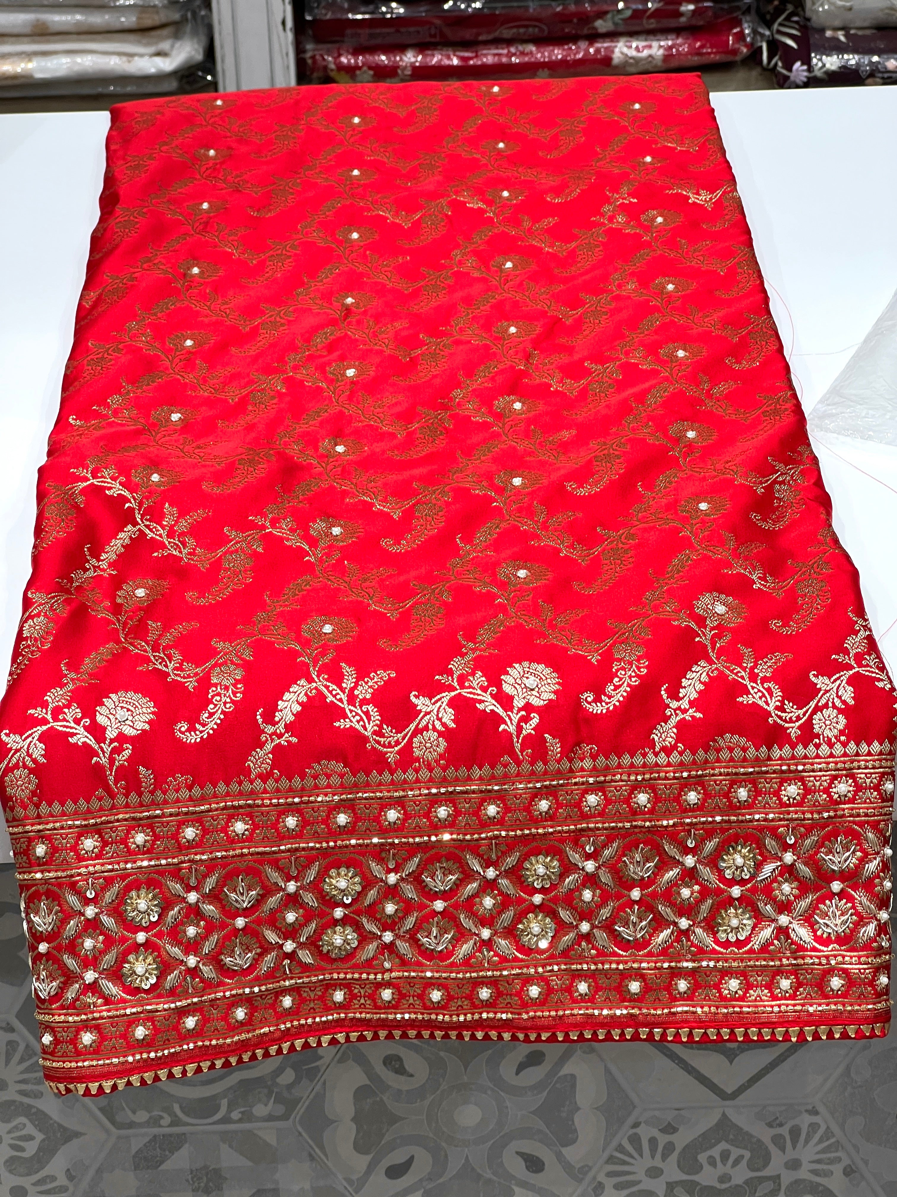 Red Banarasi Leaf Pallu Zardozi Hand Embroidery Saree