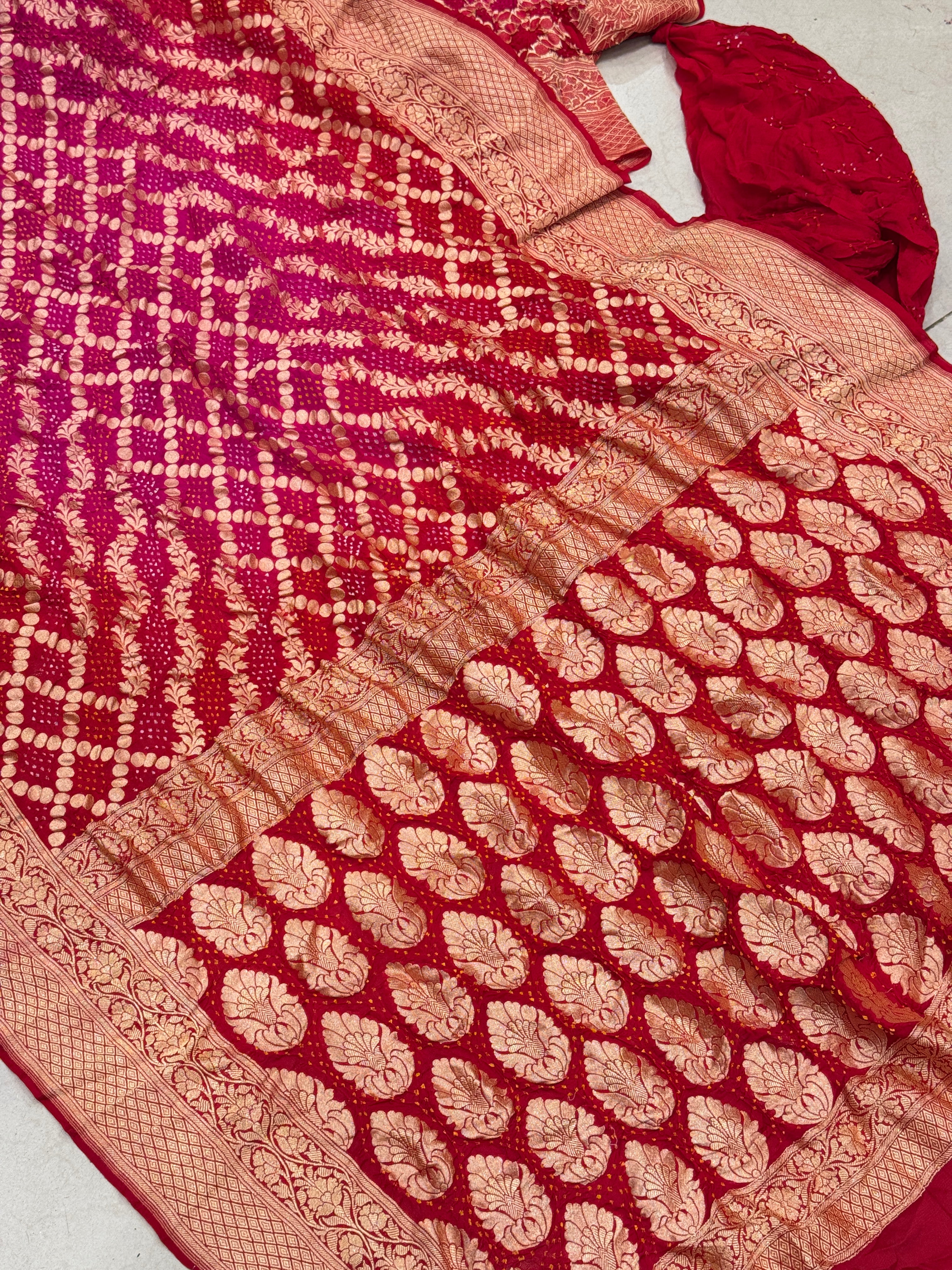 Red Rani Shaded Bandhej Bandhini Saree