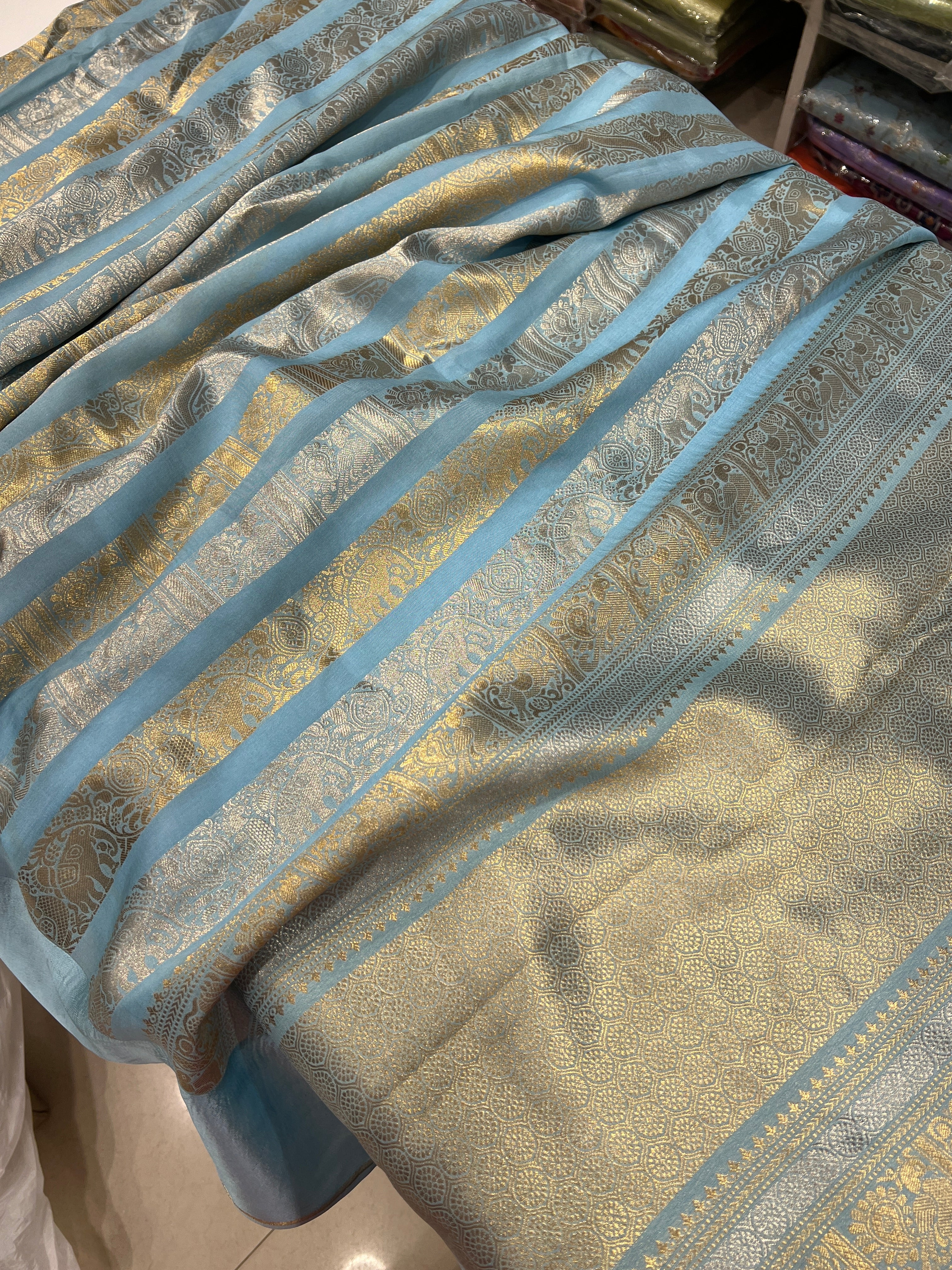Nita Ambani Inspired Powder Blue Contemporary Banarasi Saree