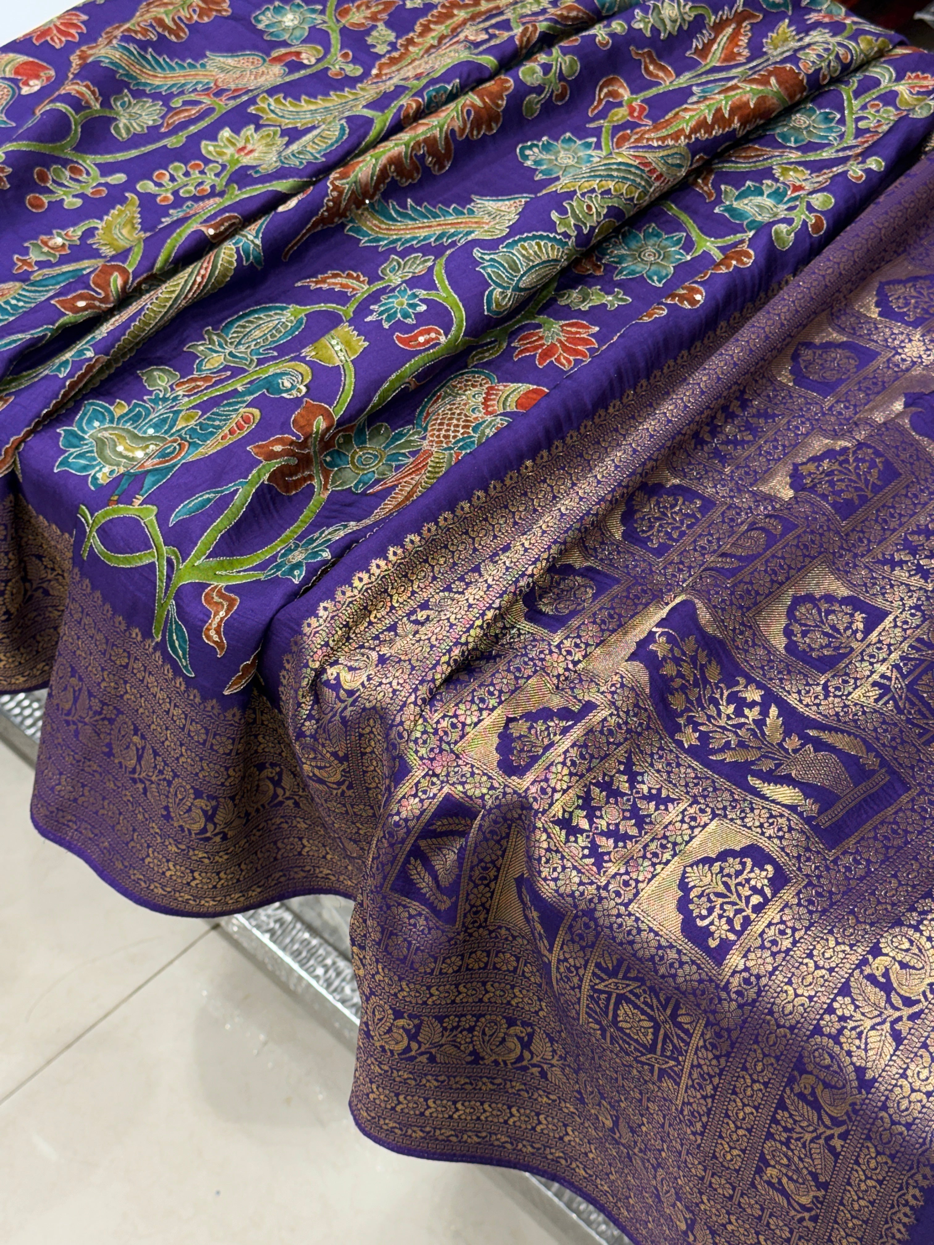 Violet Kalamkari Weave Banarasi Munga Pita Embroidery Saree