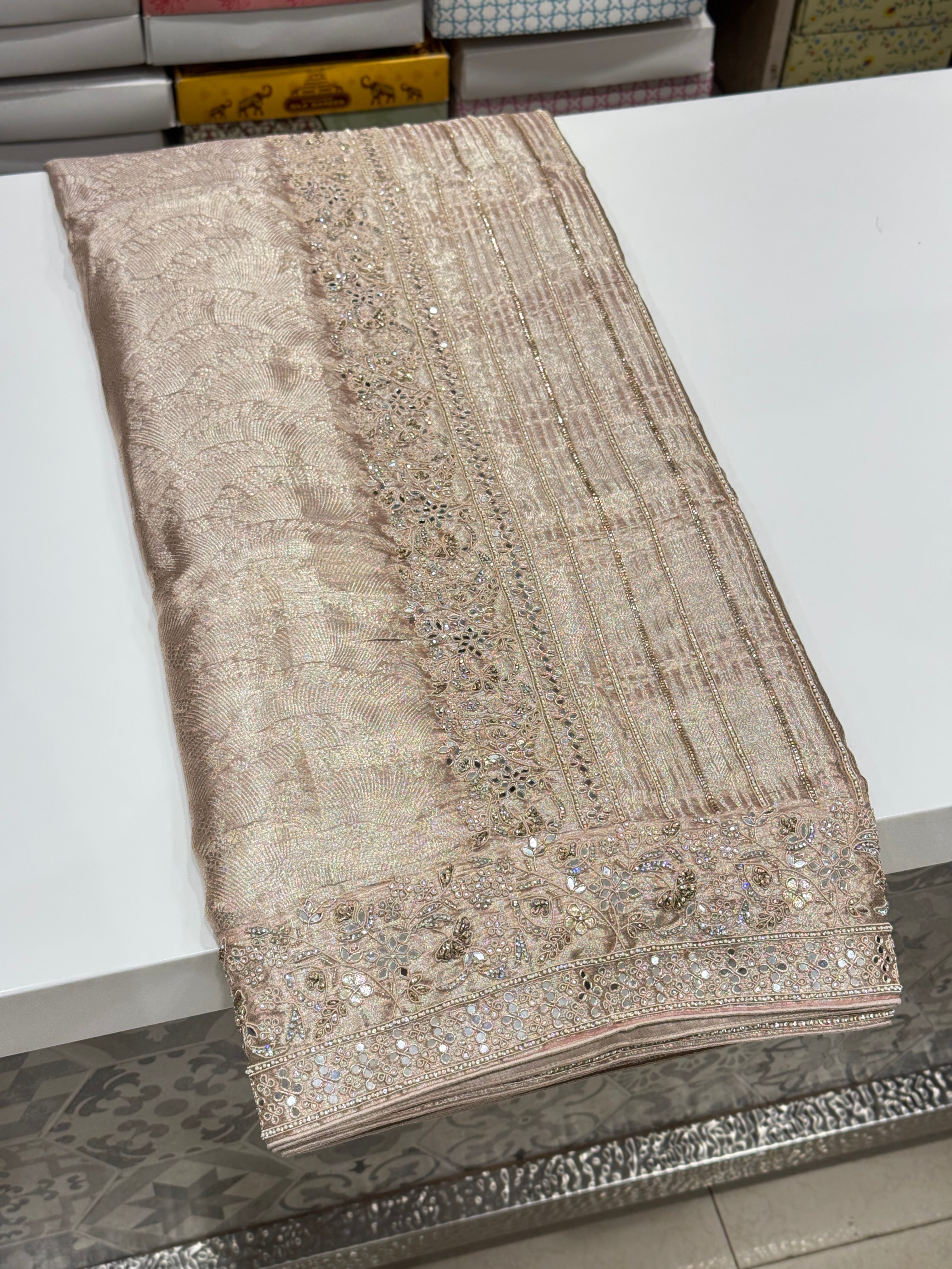 Light Pink Tissue Kanjivaram Hand Embroidery Saree