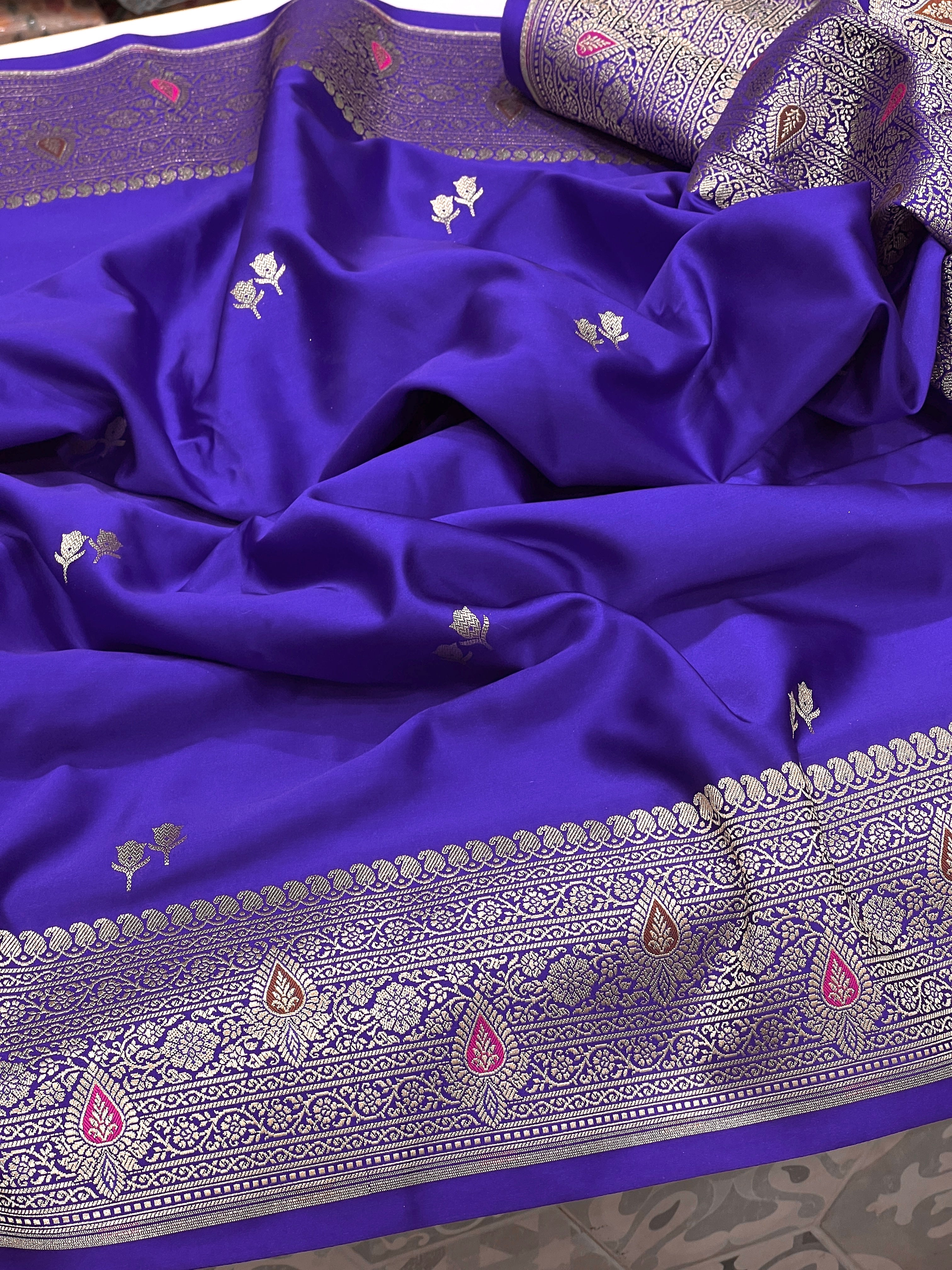 Ink Blue Banarasi Tulips Butti Meena Saree