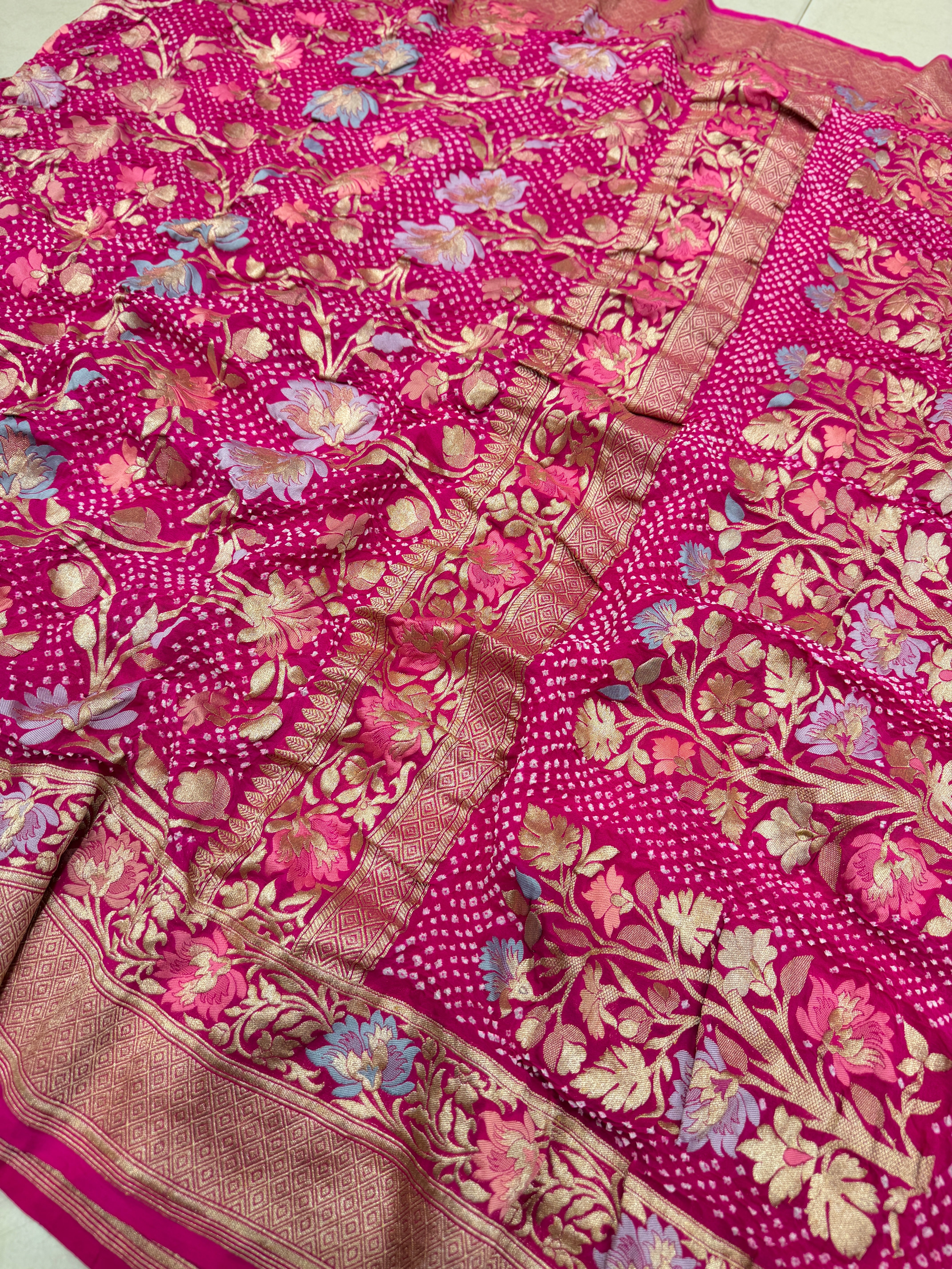 Rani Pink Jaal Meenakari Handloom Banarasi Georgette Rai Bandhej Saree