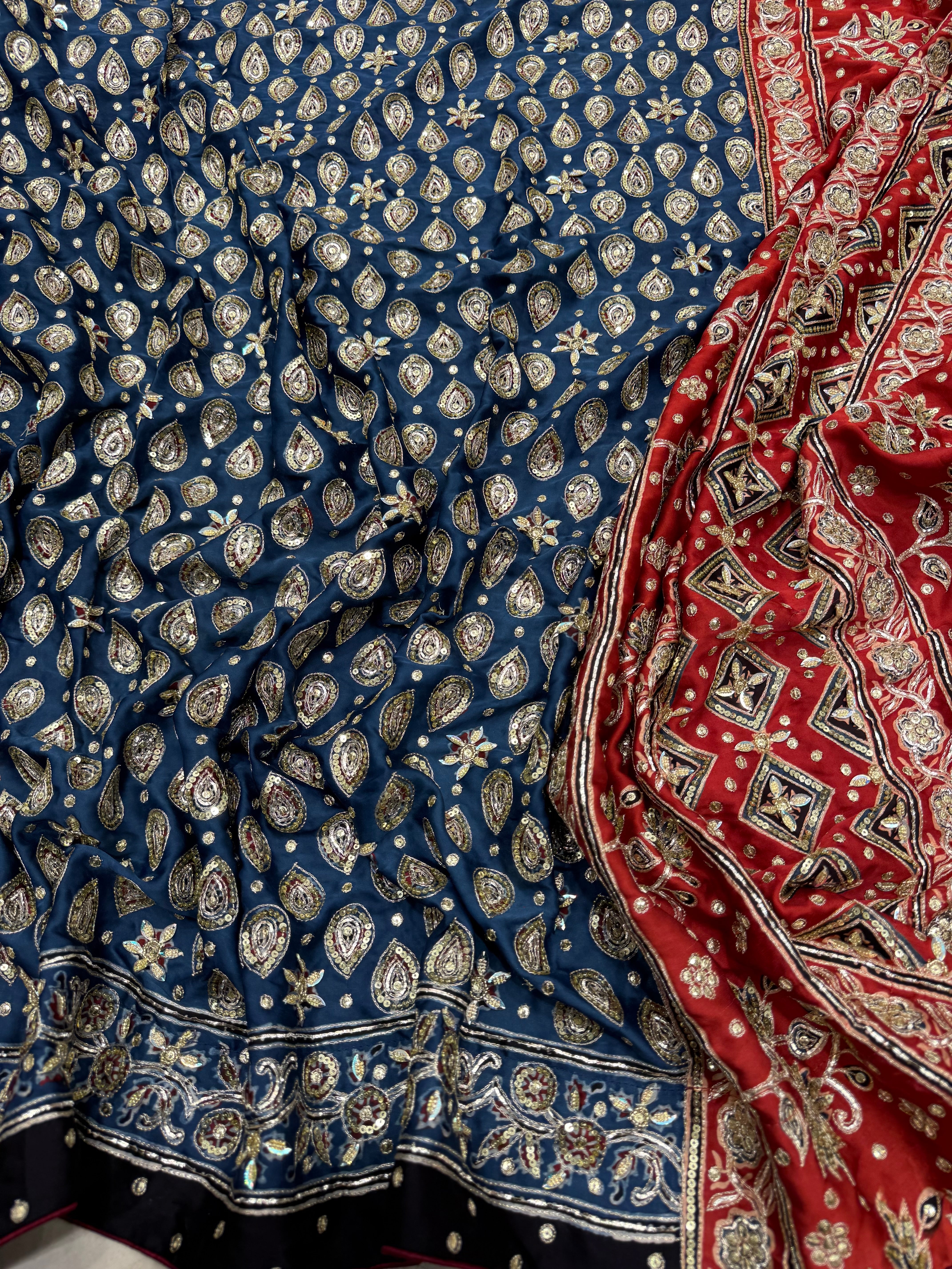 Blue Red Floral Buttis Ajrakh Hand Embroidery Saree