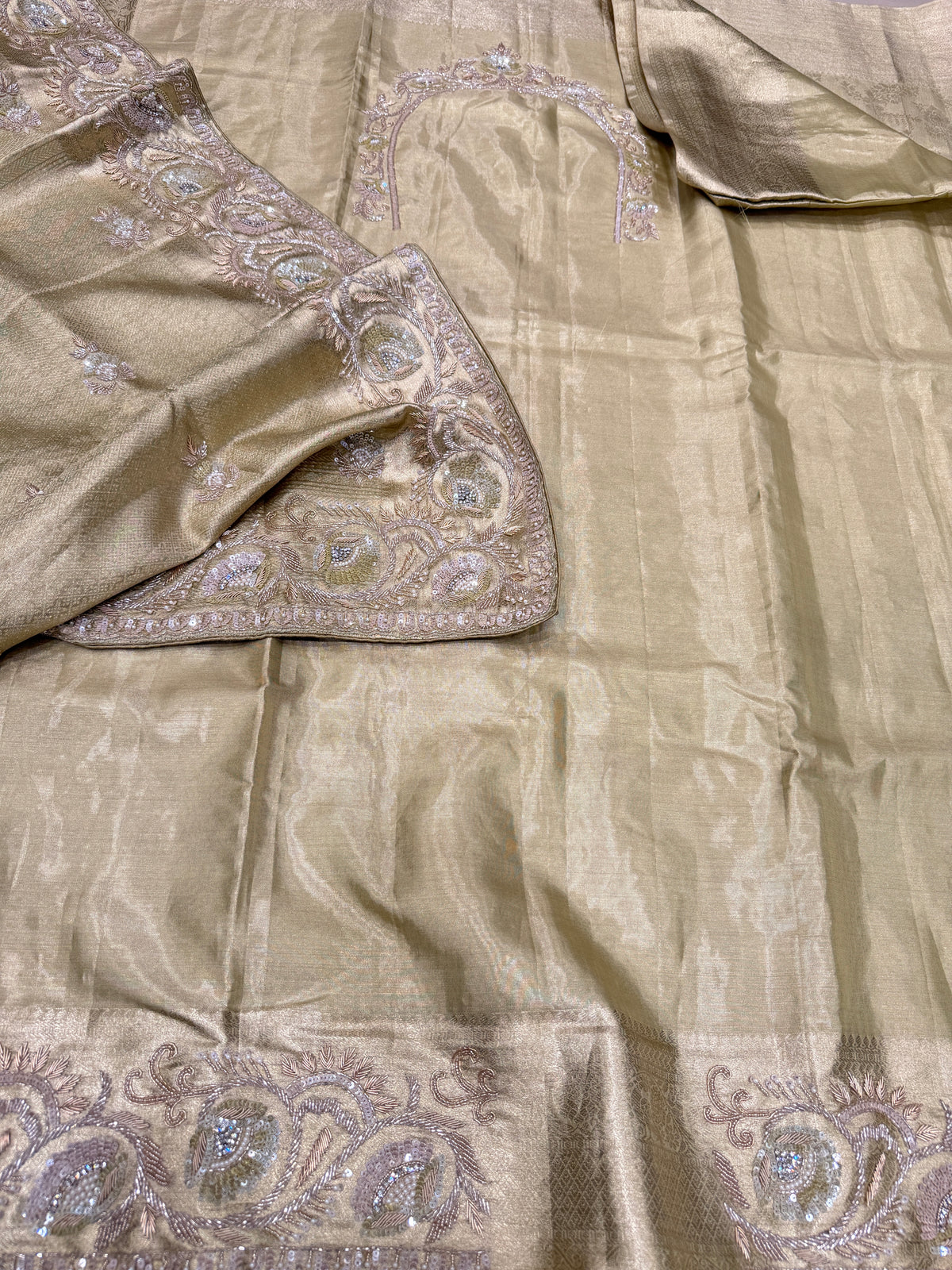 Golden Floral Jaal Kanjivaram Moti Zardosi Hand Embroidery Saree