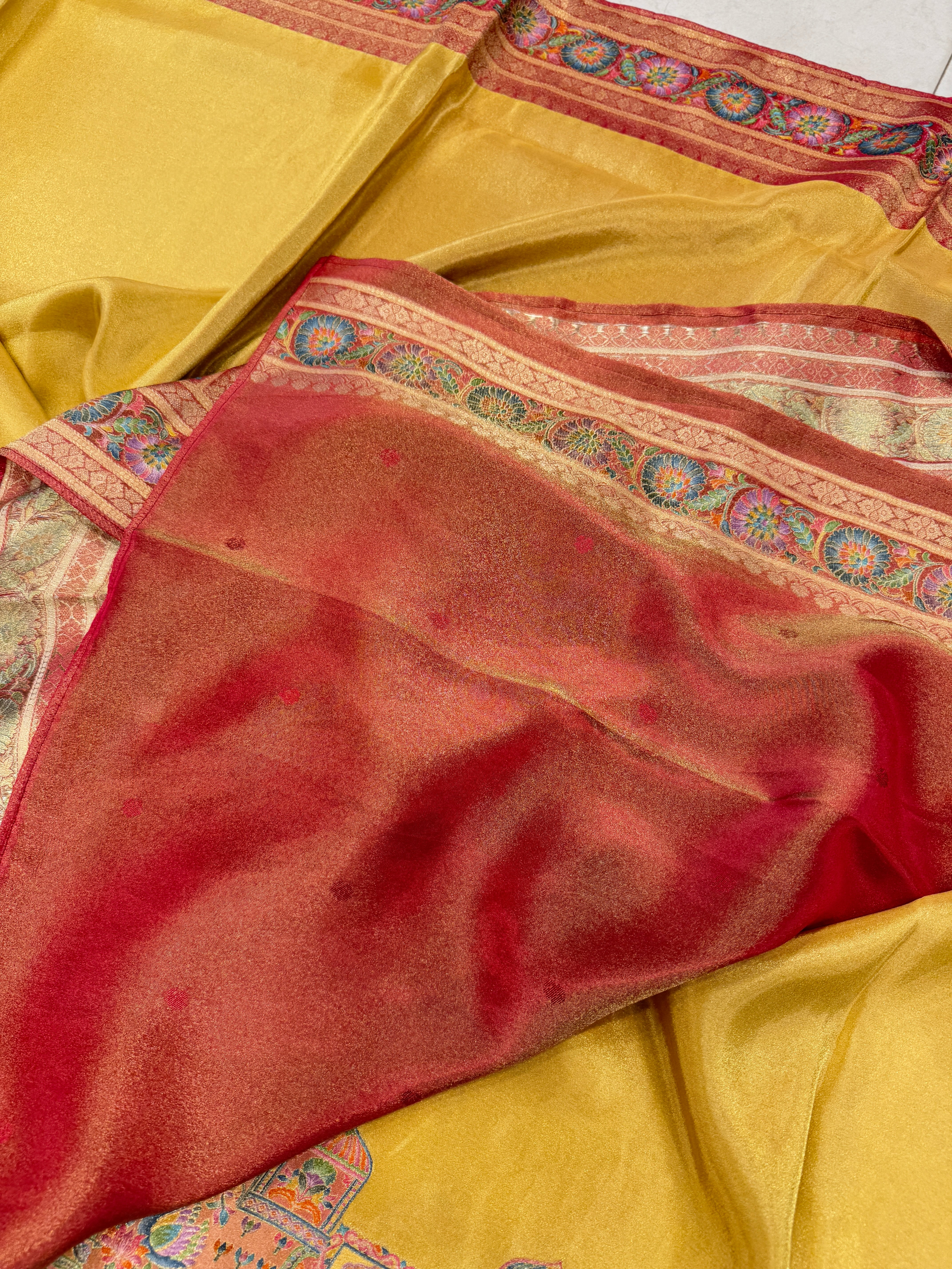 Yellow Crepe Tissue Gala Pashmina Saree