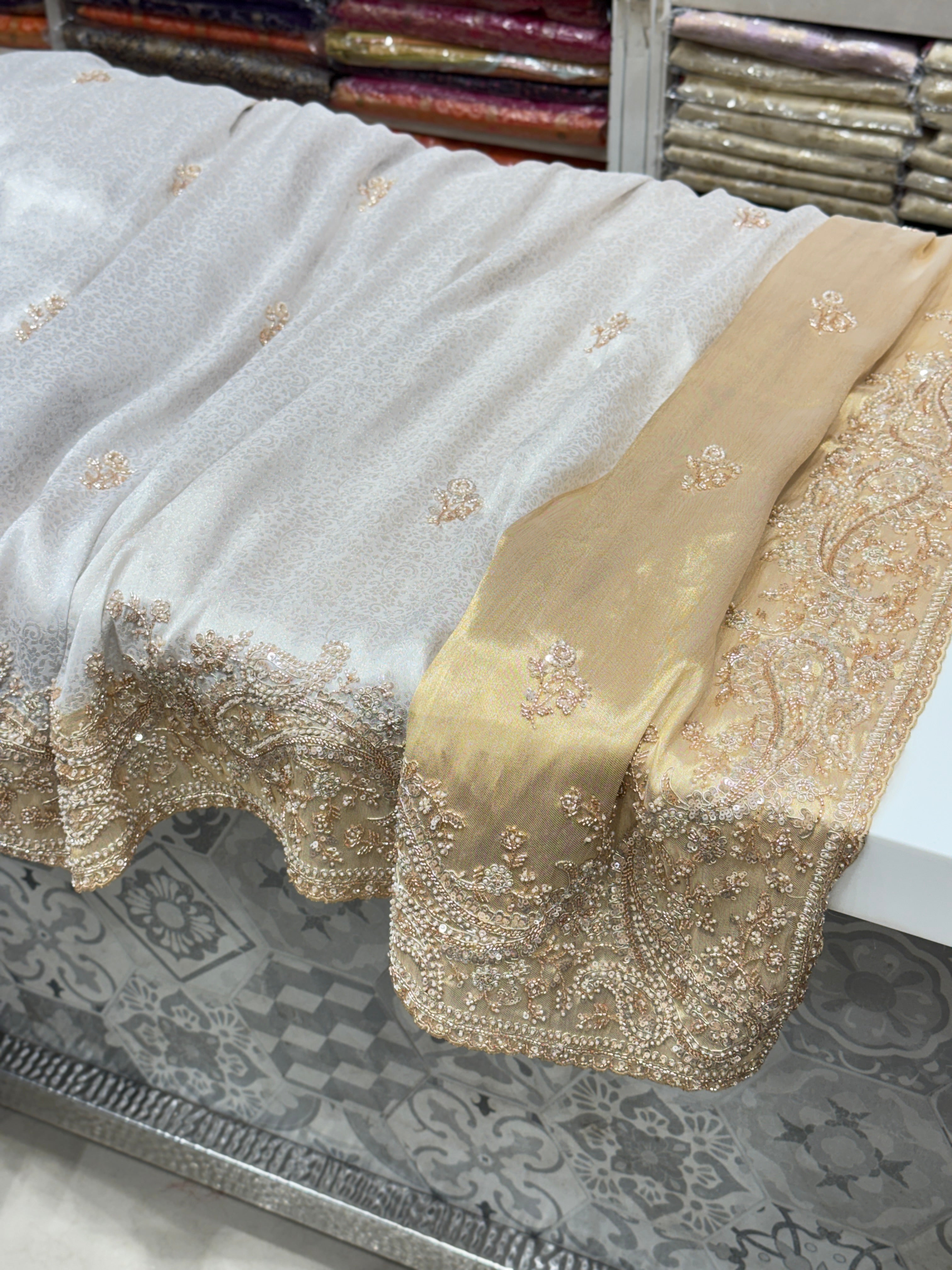 Silver Gold Floral Weave Soft Silk Moti Crystal Embroidery Saree