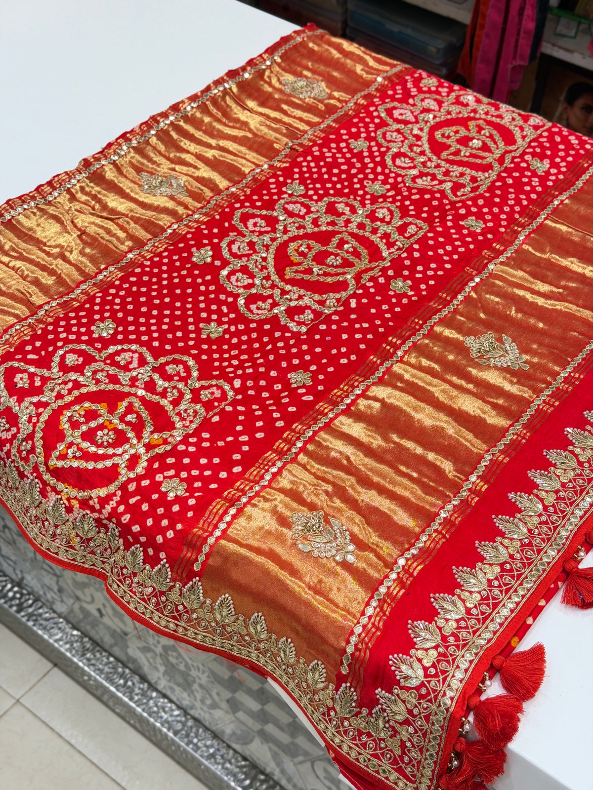 Red Jaal Faabiiana Inspired Gajji Silk Rai Bandhej Gotapatti Marodi Hand Embroidery Saree