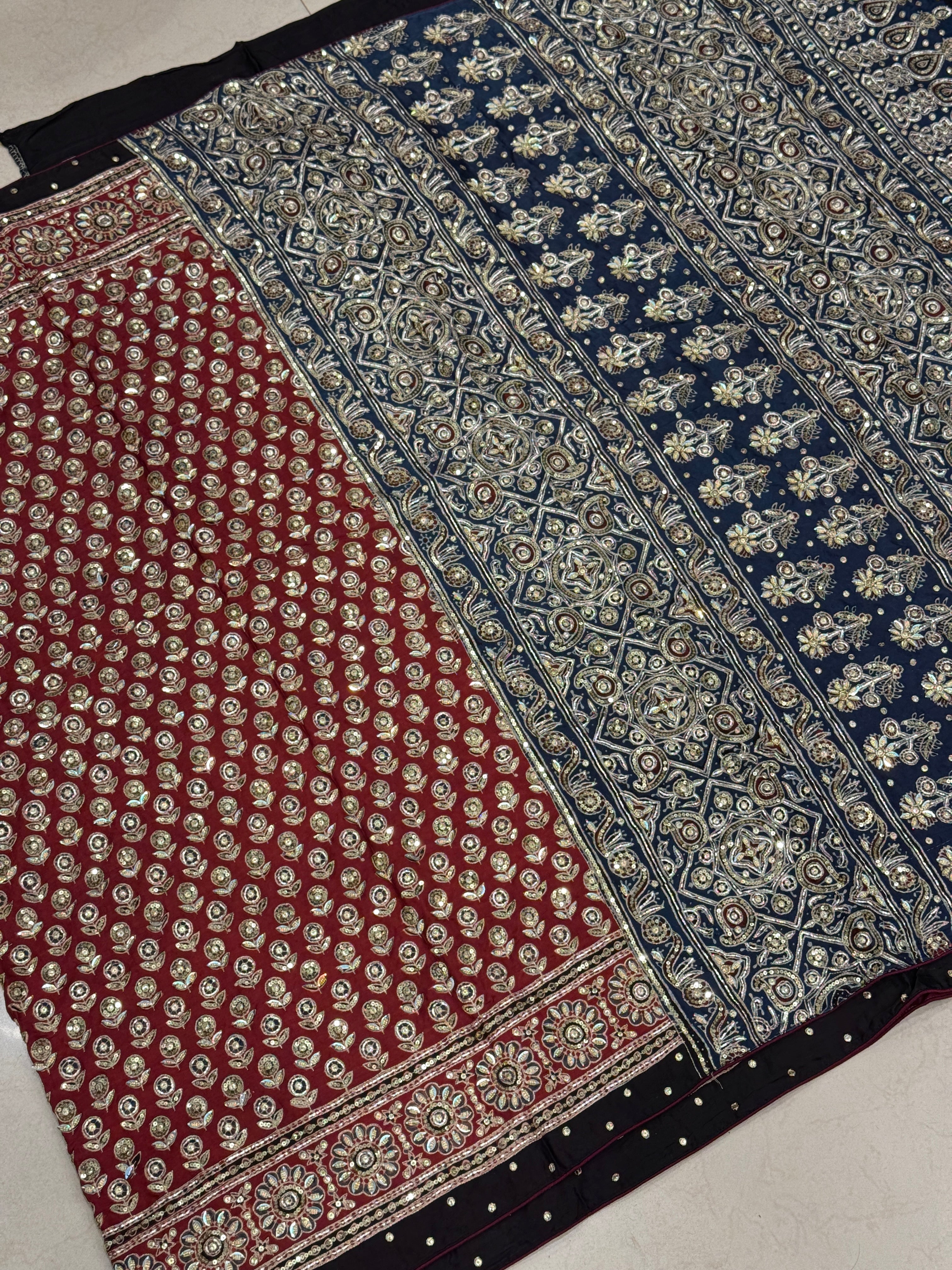 Red Buttis Pita Zardosi Sequin Ajrakh Hand Embroidery Saree