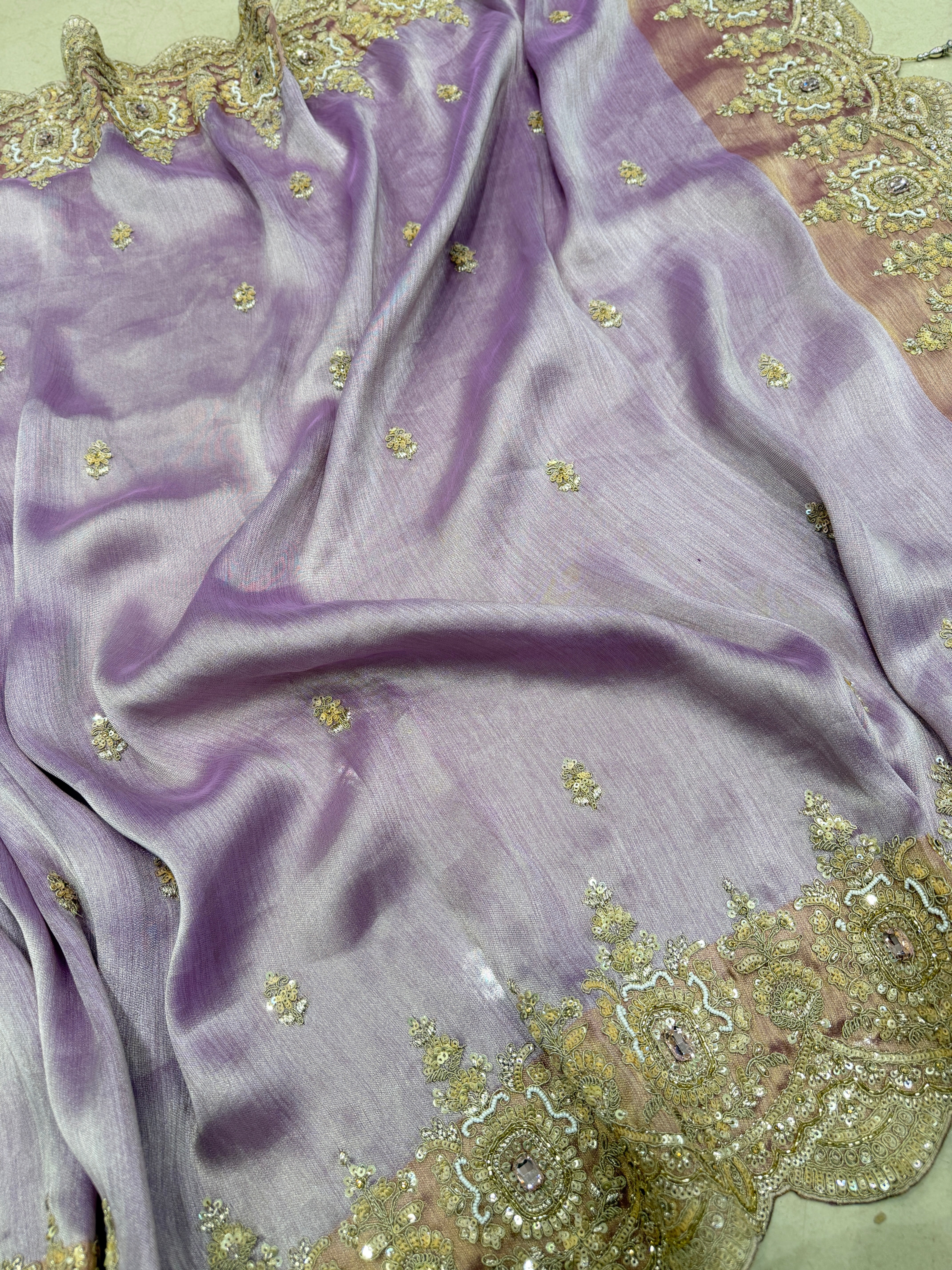 Lilac Golden Silver Soft Tissue Moti Crystal Embroidery Saree
