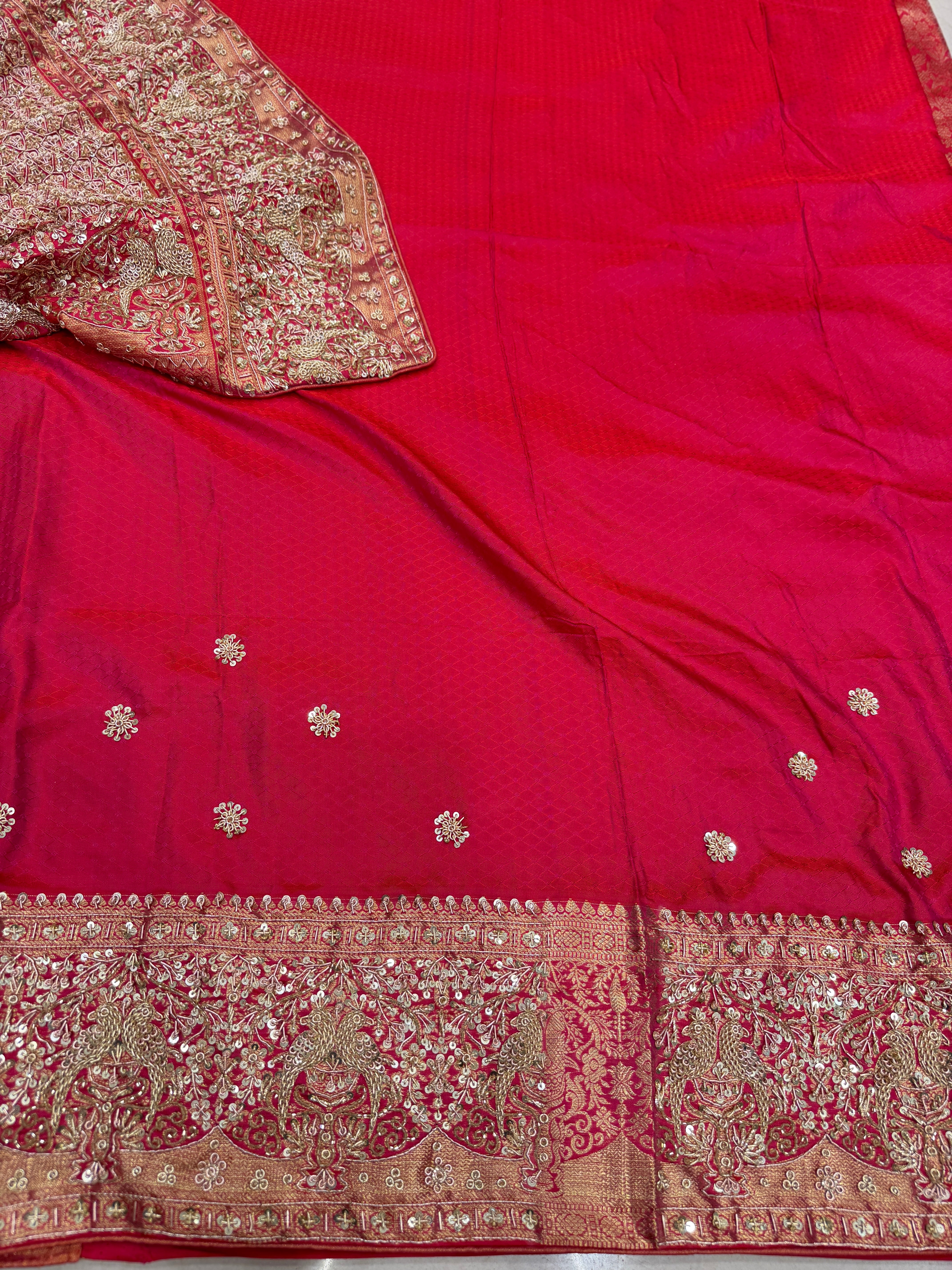 Crimson Kanjivaram Peacock Motifs Zardosi Hand Embroidery Jaal Saree