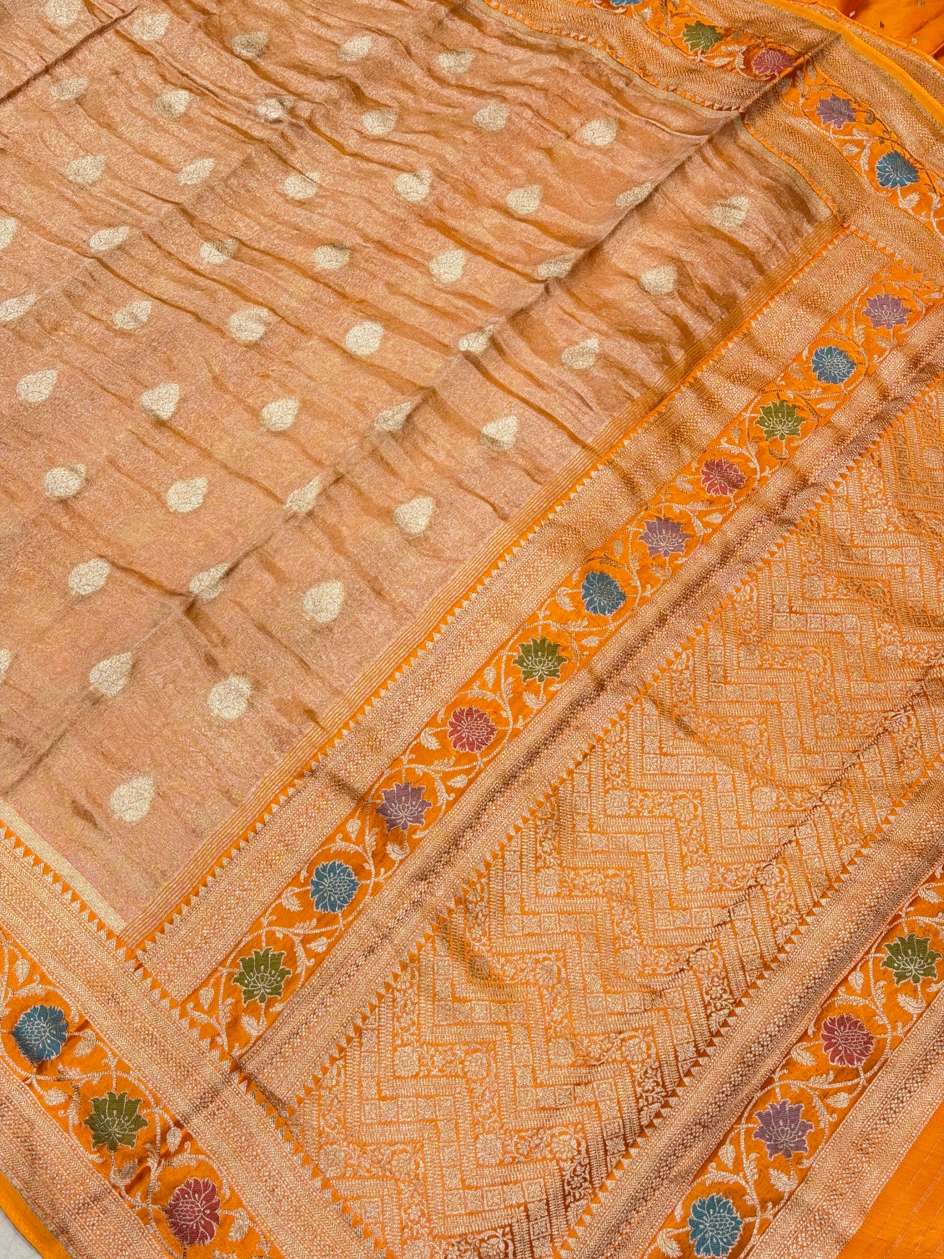 Rust Orange Banarasi Tissue Meenakari Satin Weaved Border Saree