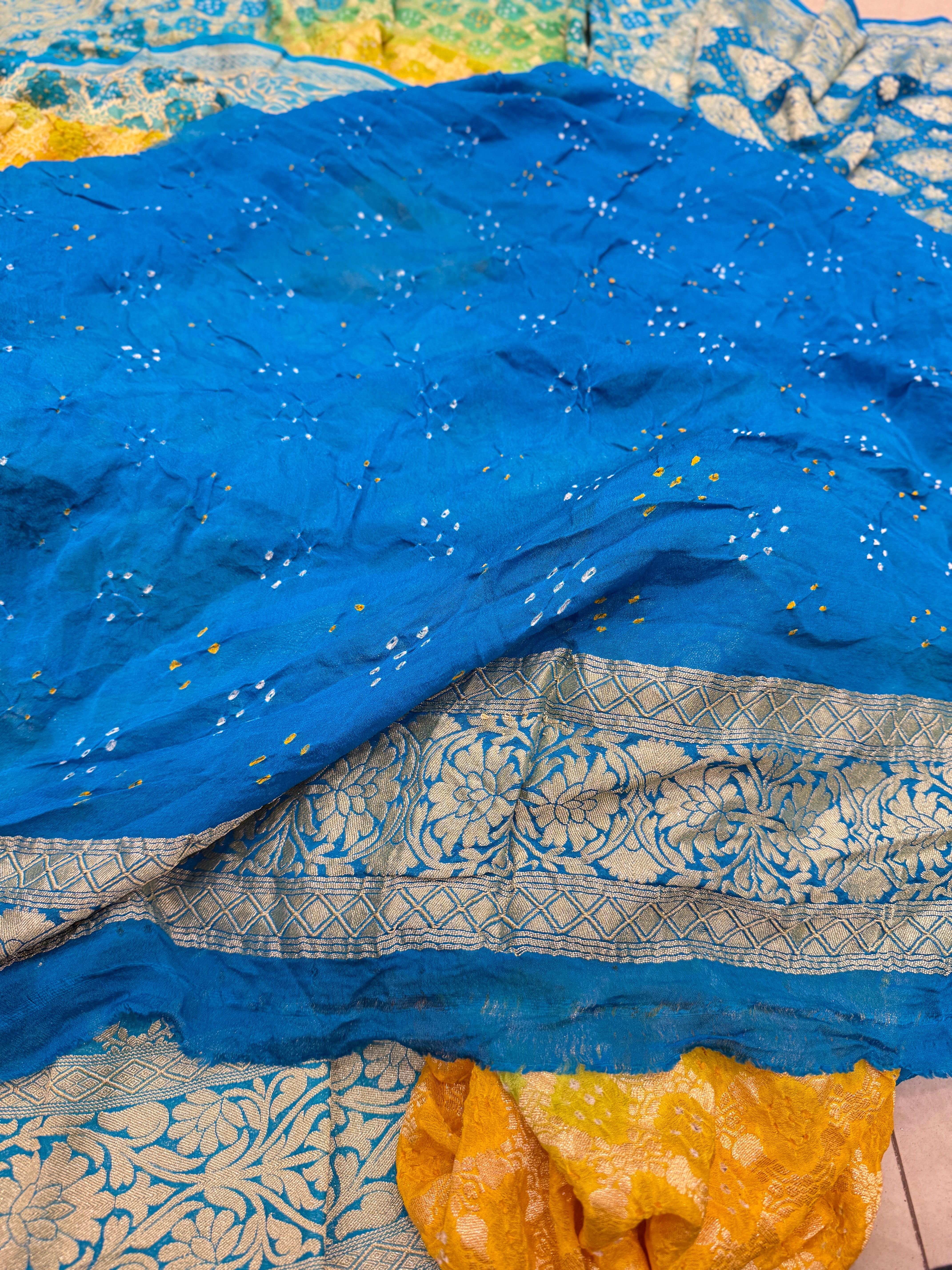 Rama Yellow Shaded Floral Border Bandhej Bandhini Saree