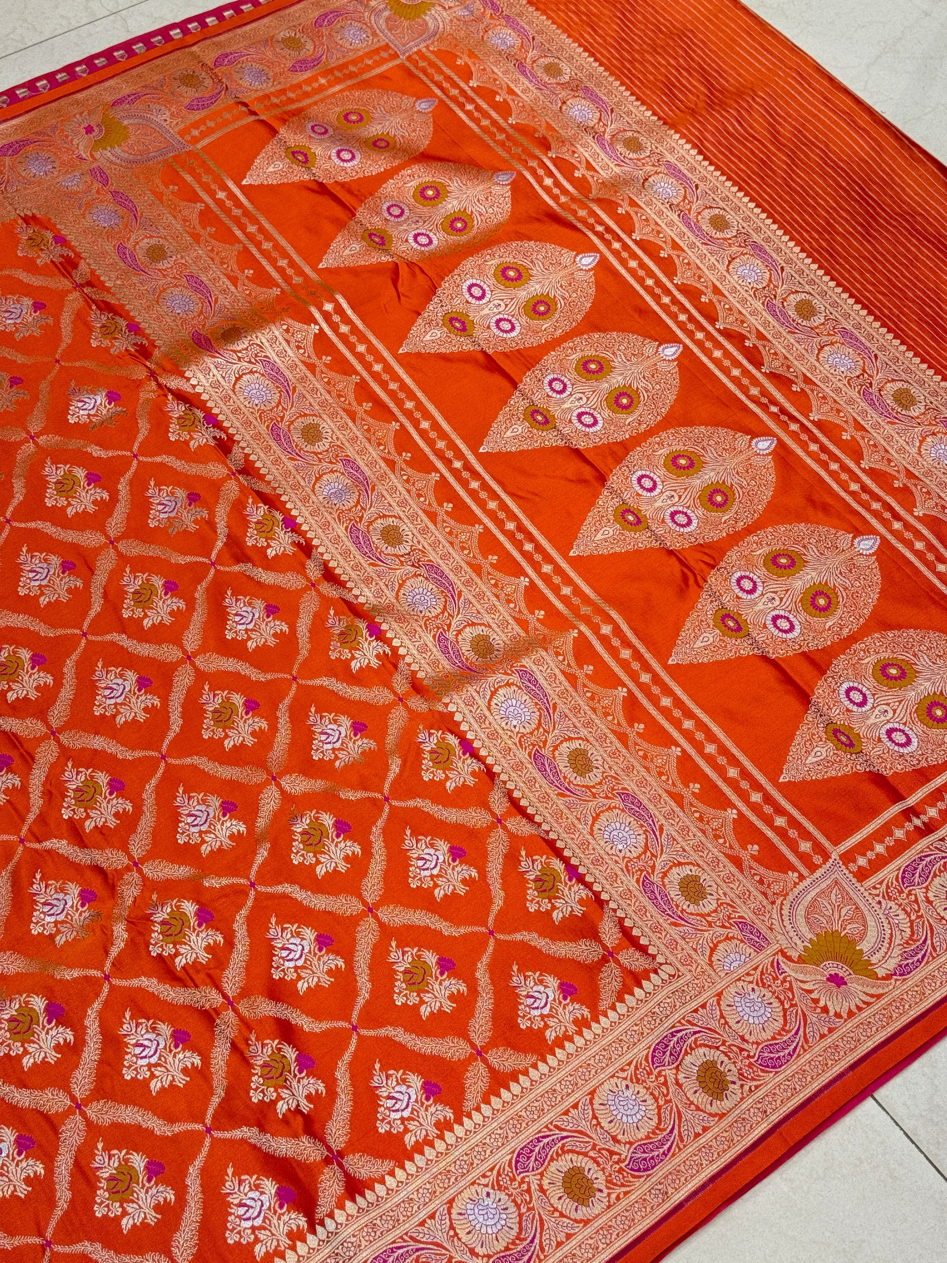 Orange Banarasi Silk Meenkari Saree