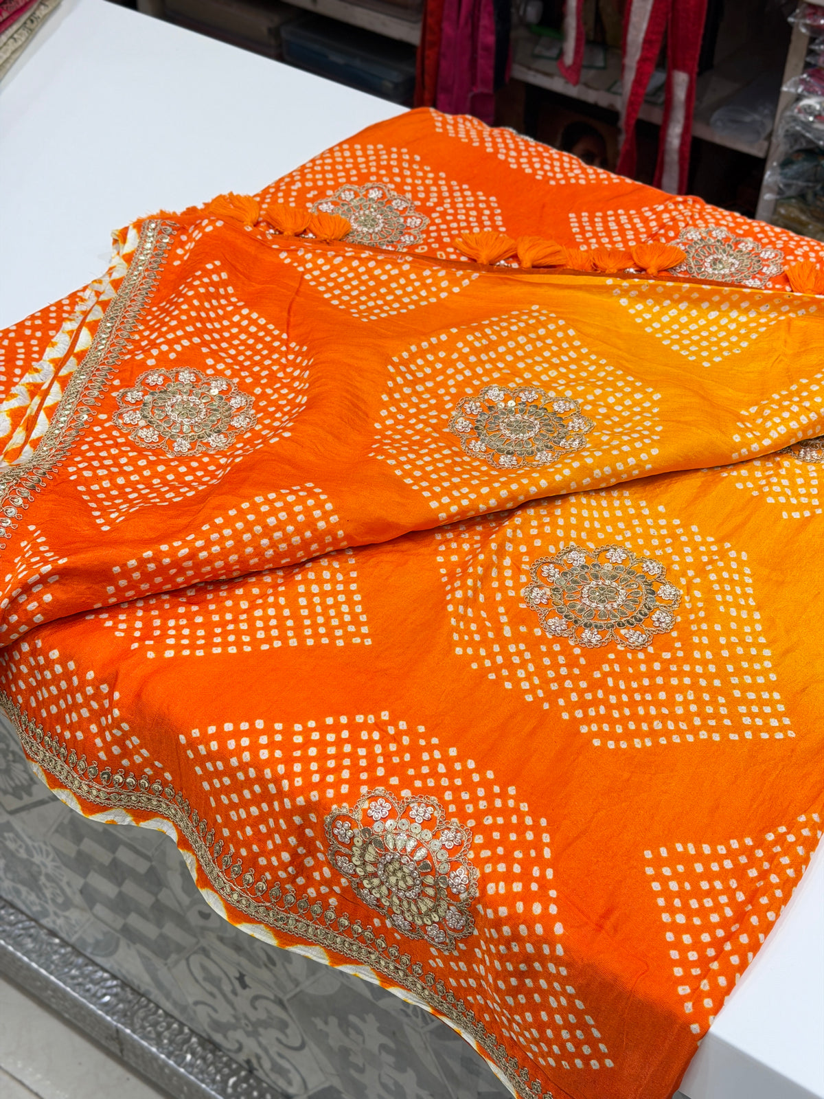 Orange Shaded Gajji Silk Rai Bandhej Gotapatti Marodi Hand Embroidery Saree
