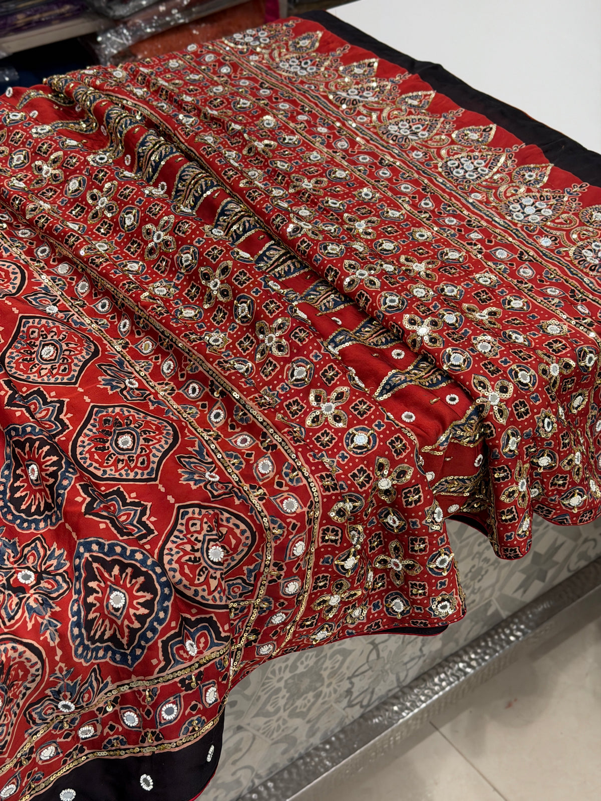 Red Badam Jaal Ajrakh Real Mirror Moti Sequin Hand Embroidery Saree