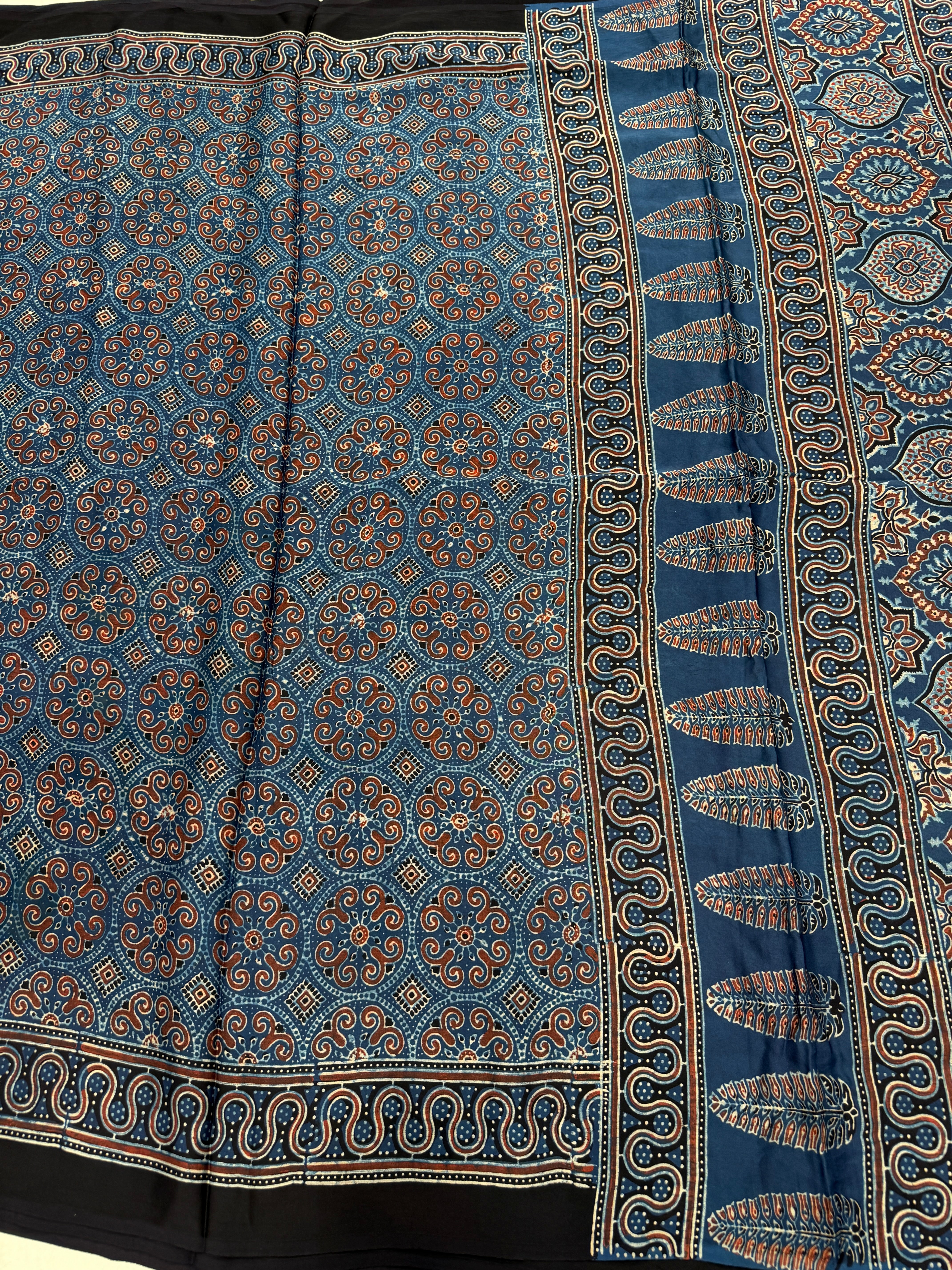 Blue Gol Jaal Ajrakh Hand Block Print Pure Gajji Silk Saree