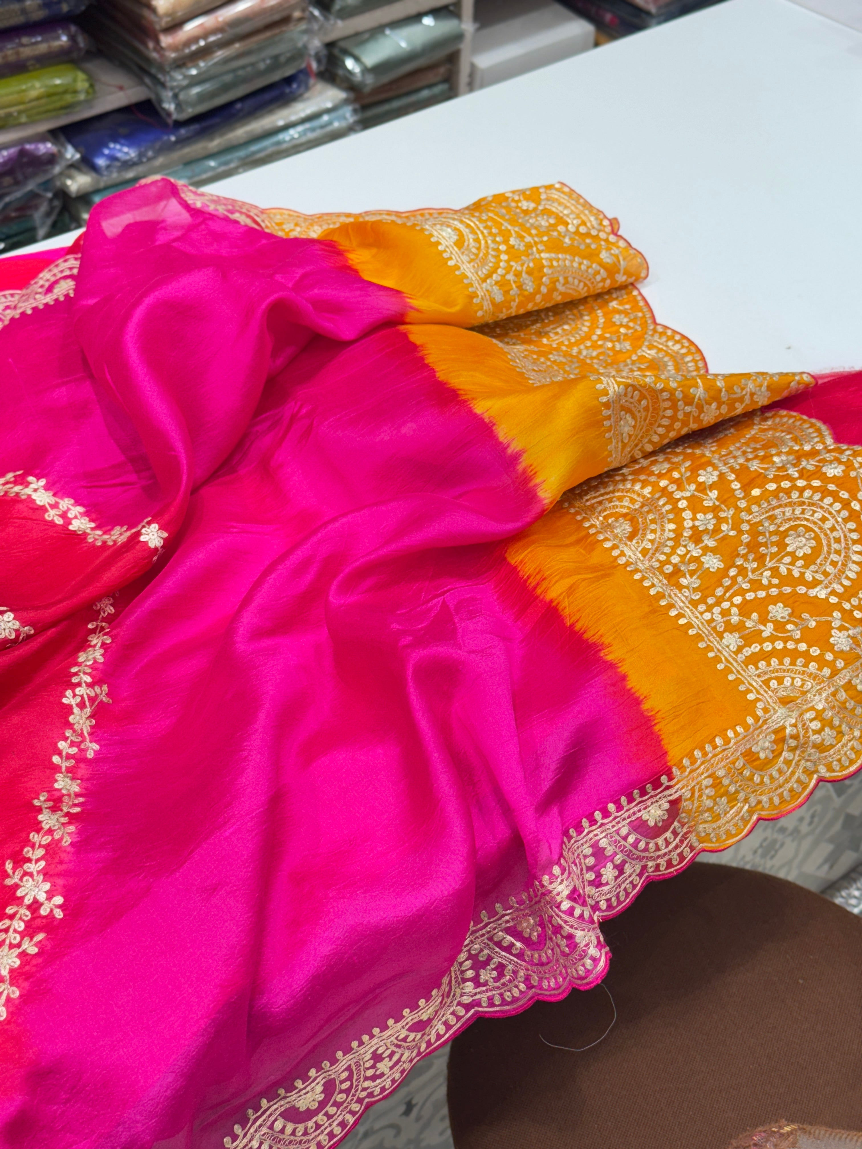 Pink Tussor Silk Pita Hand Embroidery Saree