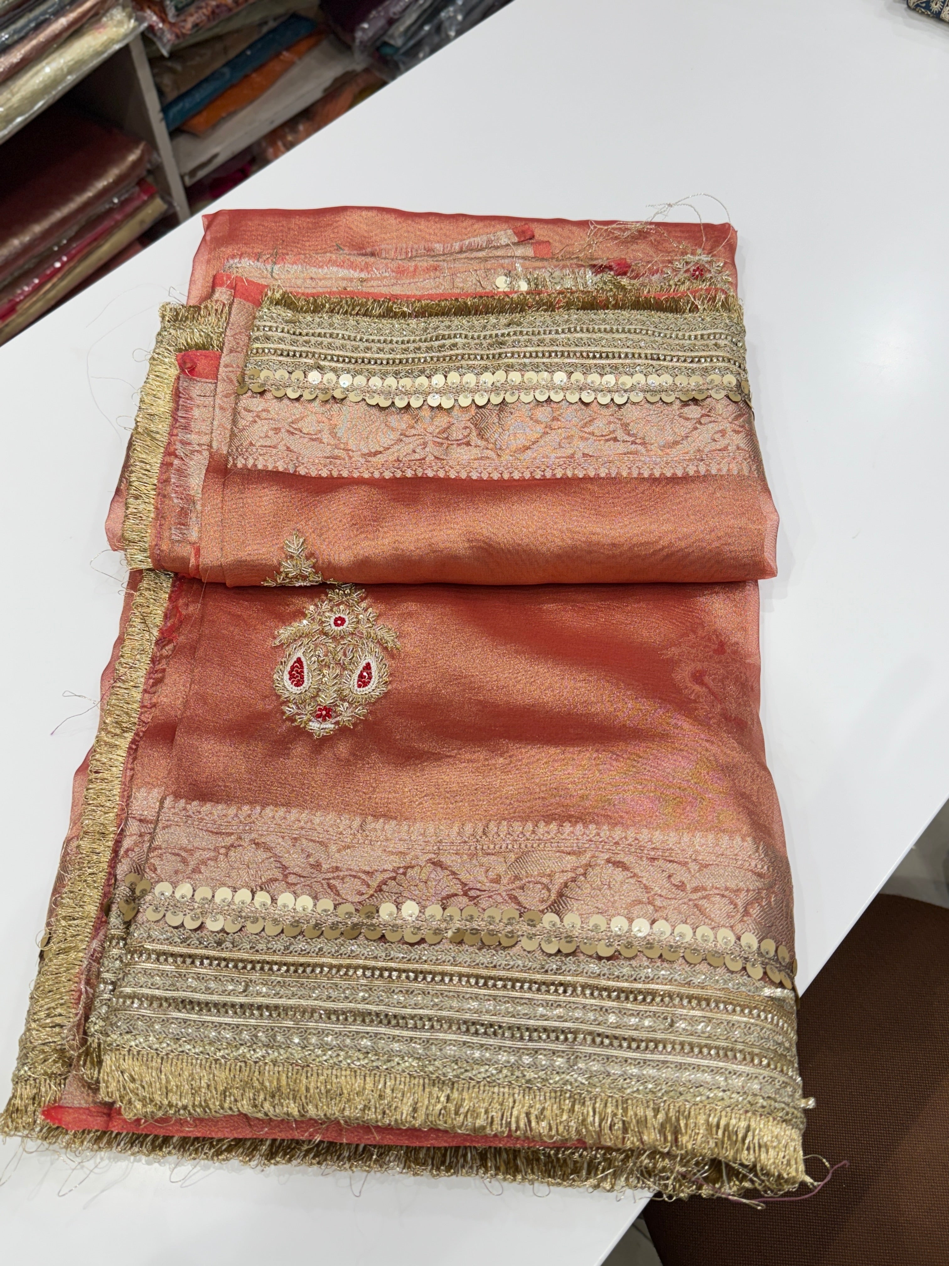 Reddish Pink Tissue Zardozi Butta Saree Maharani