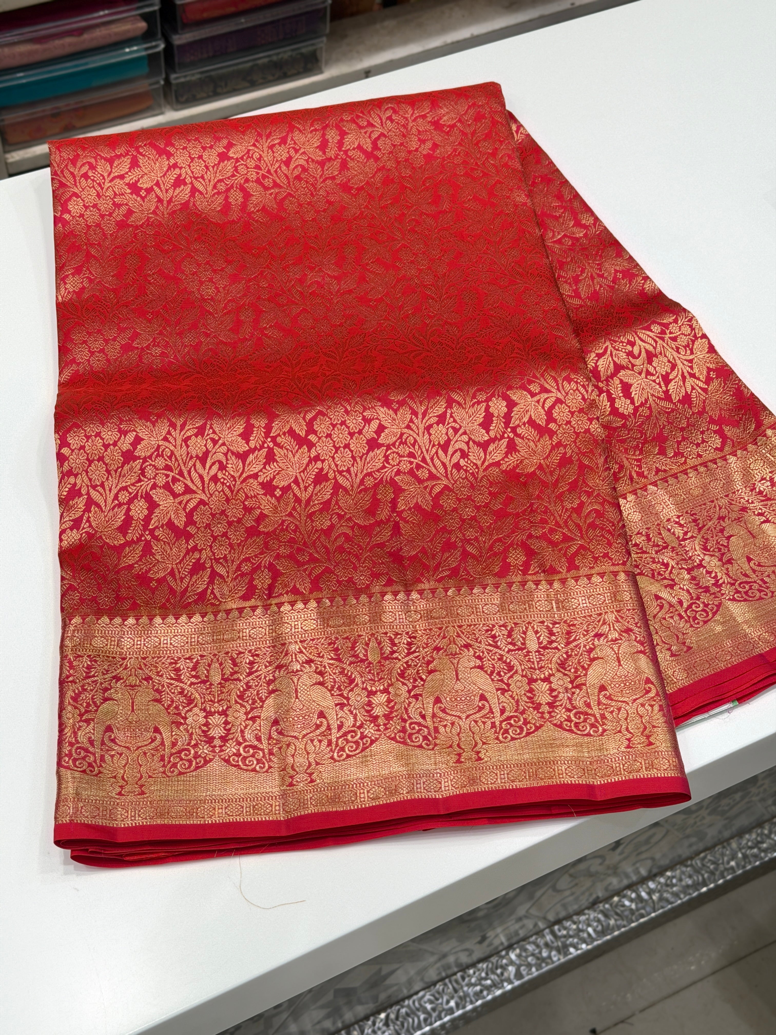 Cross Red Pure Silk Parrot Motifs Kanjivaram Saree