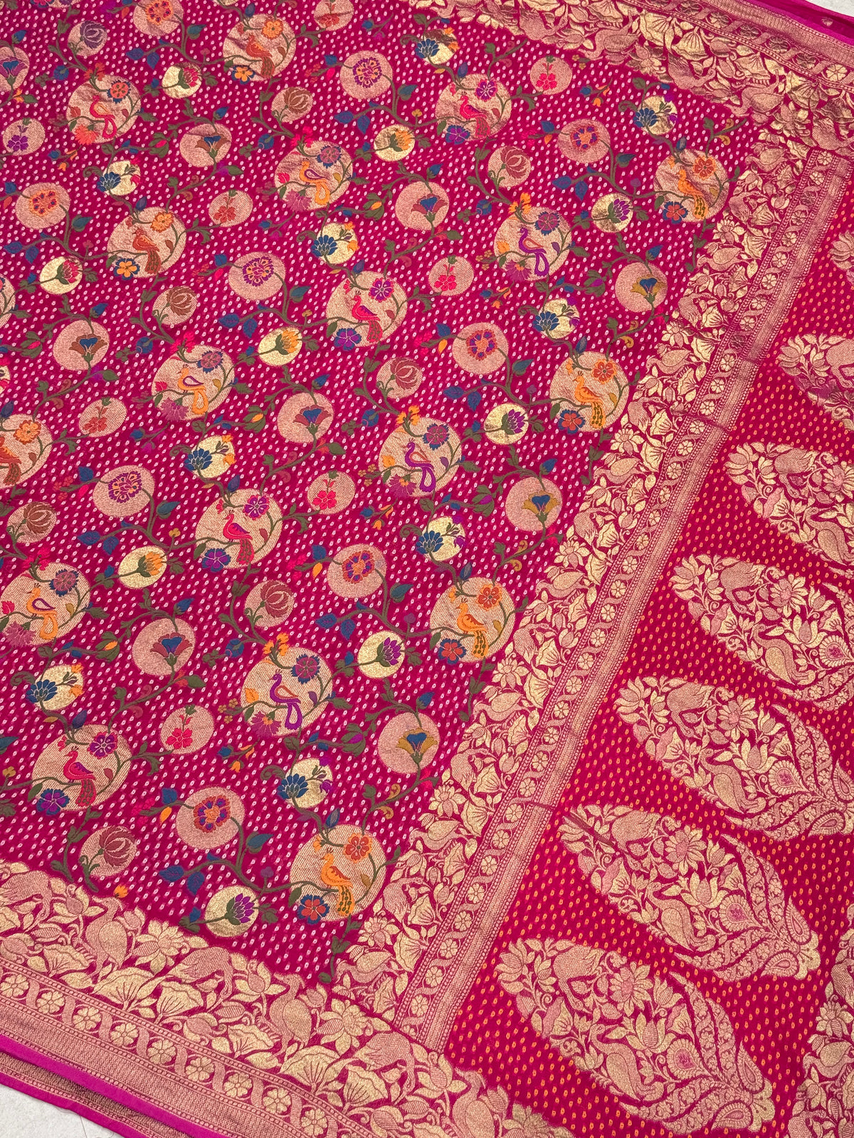 Rani Chandra Mor Meenakari Woven Bandhej Saree